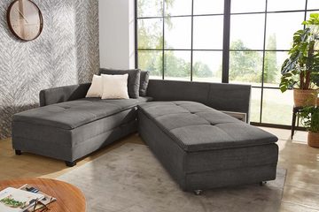 luma-home Ecksofa 15163, Dauerschläfer 307x223 cm, Schwenkteil L/R, Bettkasten, Nachtkonsole, Boxspring, Federkern, Wellenunterfederung, Topper, Bezug Cord Grau Anthrazit