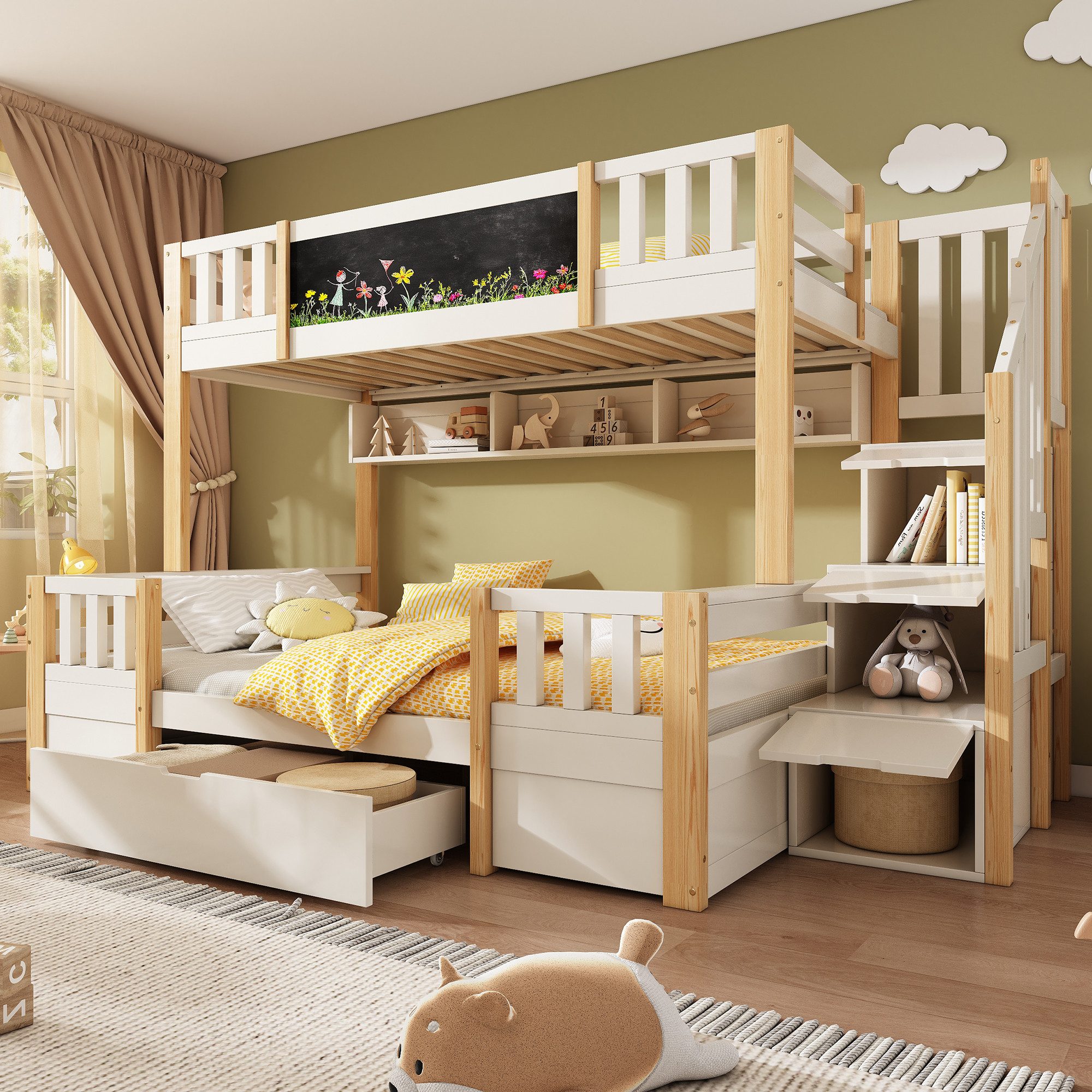 Flieks Etagenbett, Kinderbett 90/140x200cm mit Kreidetafel Stauraumtreppe S günstig online kaufen