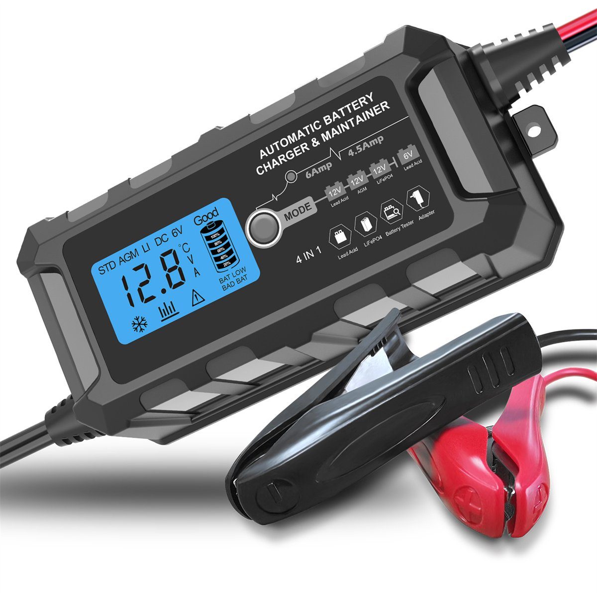 Andeman Batterie-Ladegerät (für Auto&Motorrad 6/12V, 6,5A, LCD-Display,  IP65)