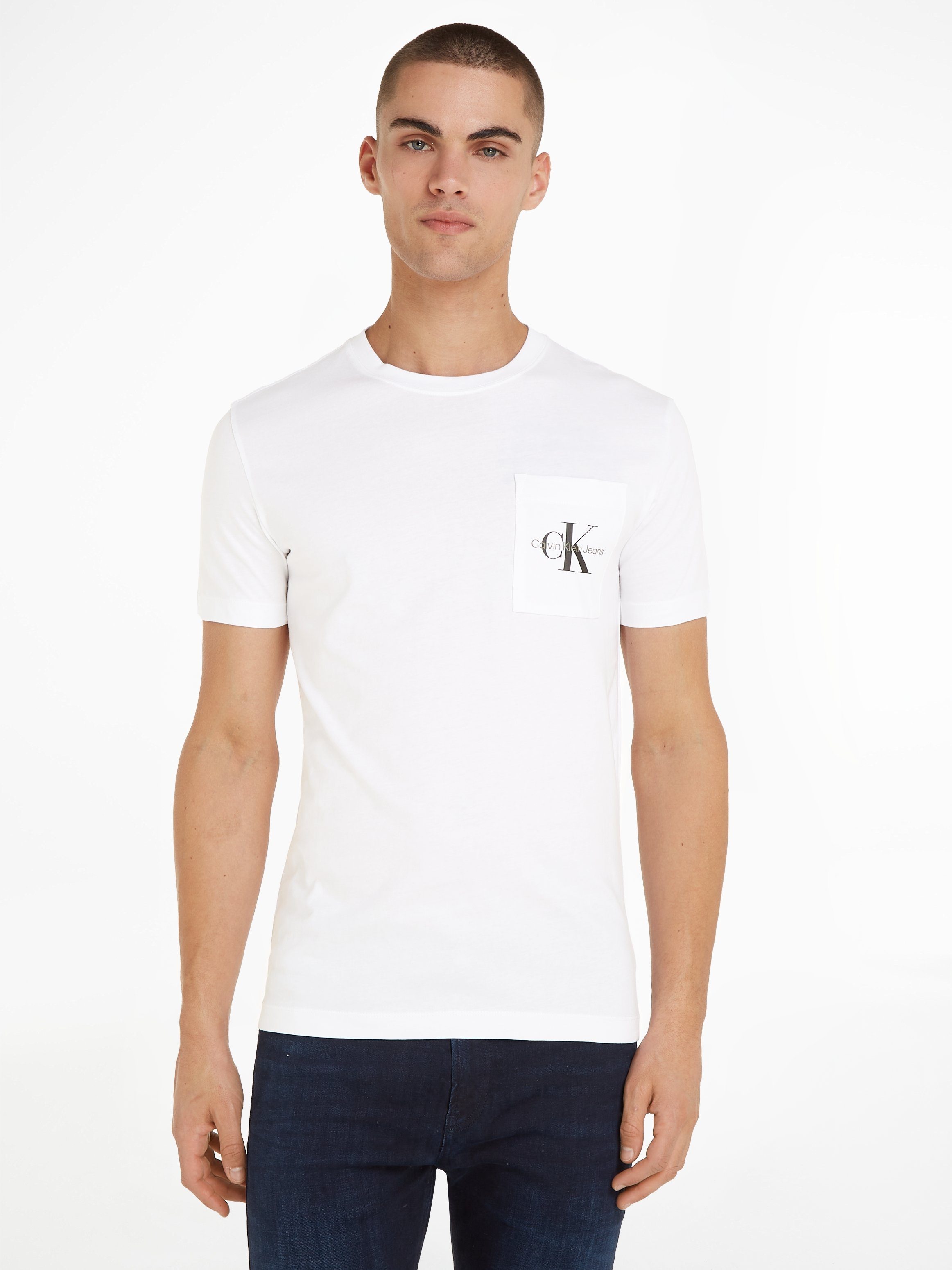 Bright Calvin Klein POCKET MONOGRAM T-Shirt White CORE SLIM Jeans TEE