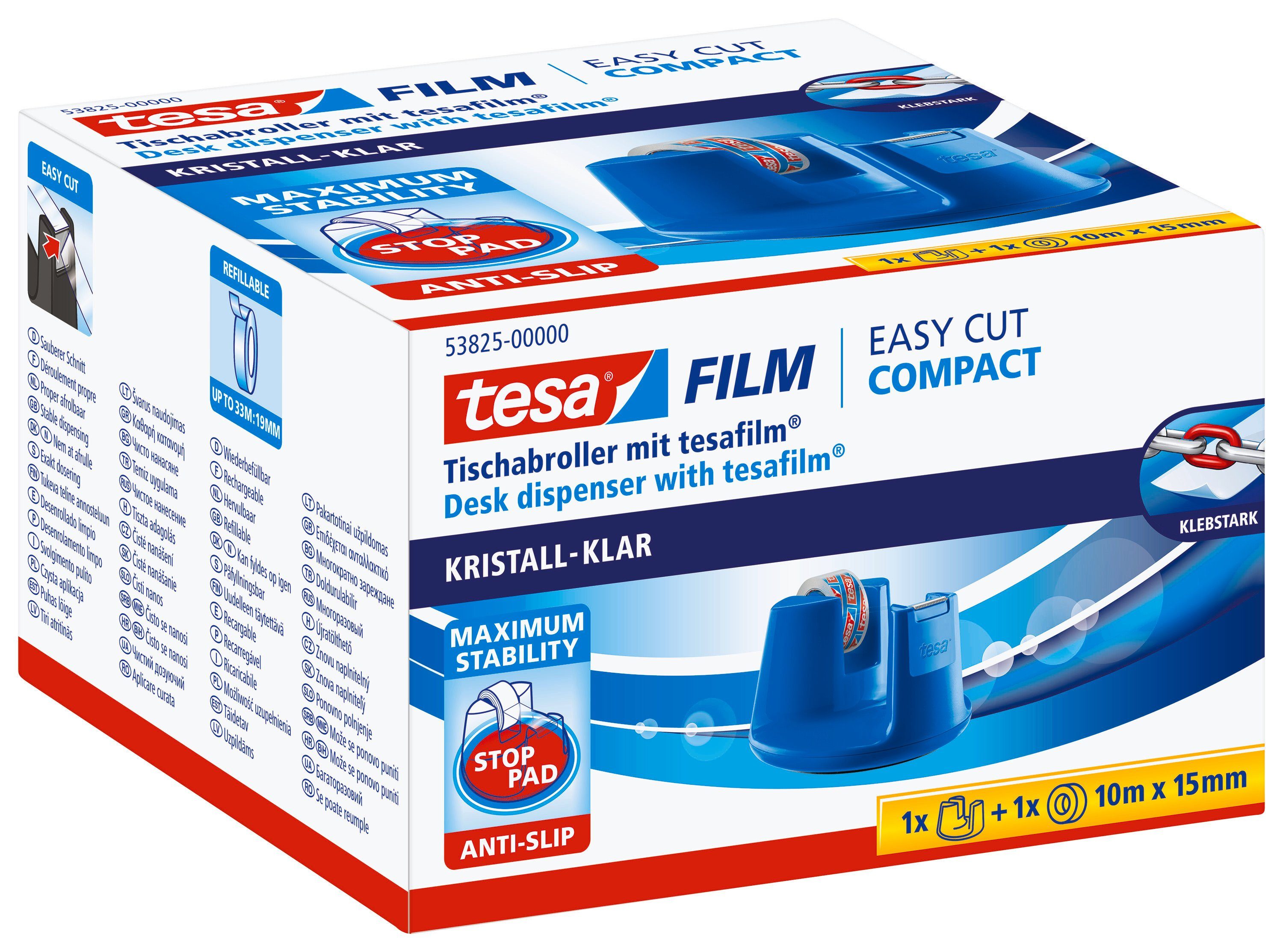 tesa Klebeband tesafilm Tischabroller Compact - Spender mit Kleberolle 10m  : 15mm (Kombi-Set, 2-St) Klebefilmabroller inkl. tesafilm transparent - blau
