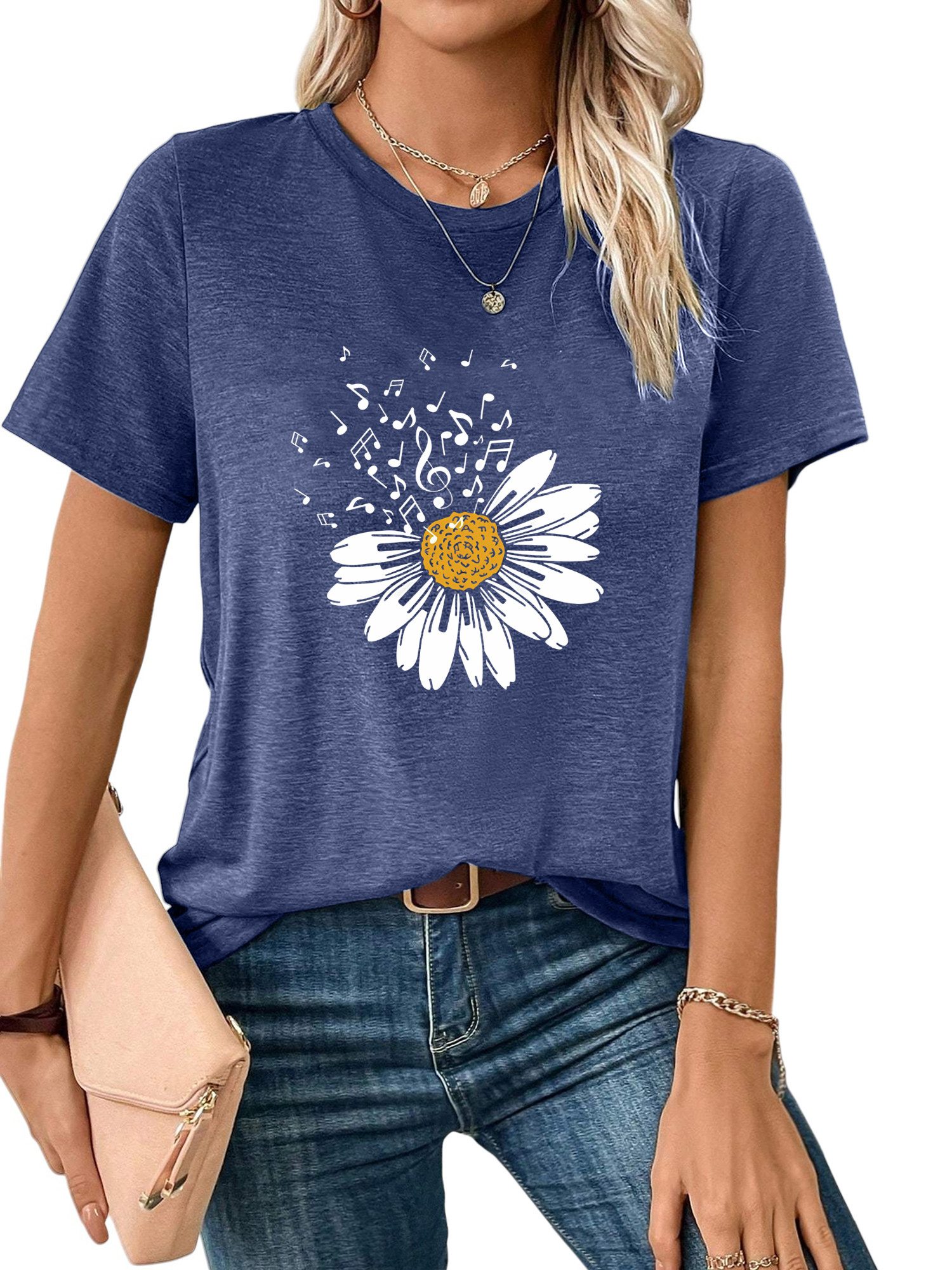 PYLIKE Print-Shirt Bequemes Shirt Damen Kurzarm Basic-Shirt mit Gänseblümch günstig online kaufen