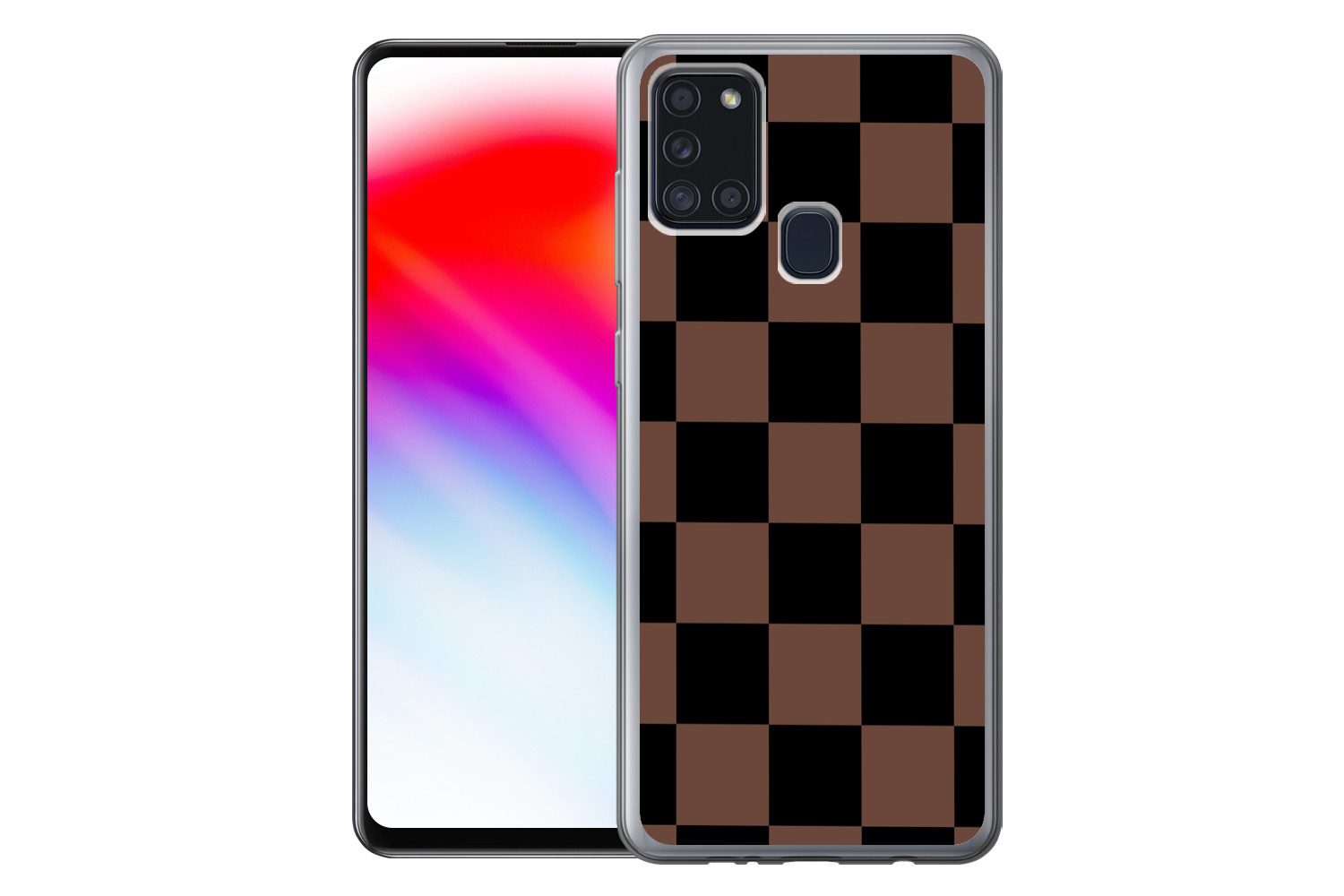 MuchoWow Handyhülle für Samsung Galaxy A21s Schachbrettmuster - Braun - Schwarz - Blöcke, Smartphone-Bumper, Print, Handy Schutzhülle Dünn