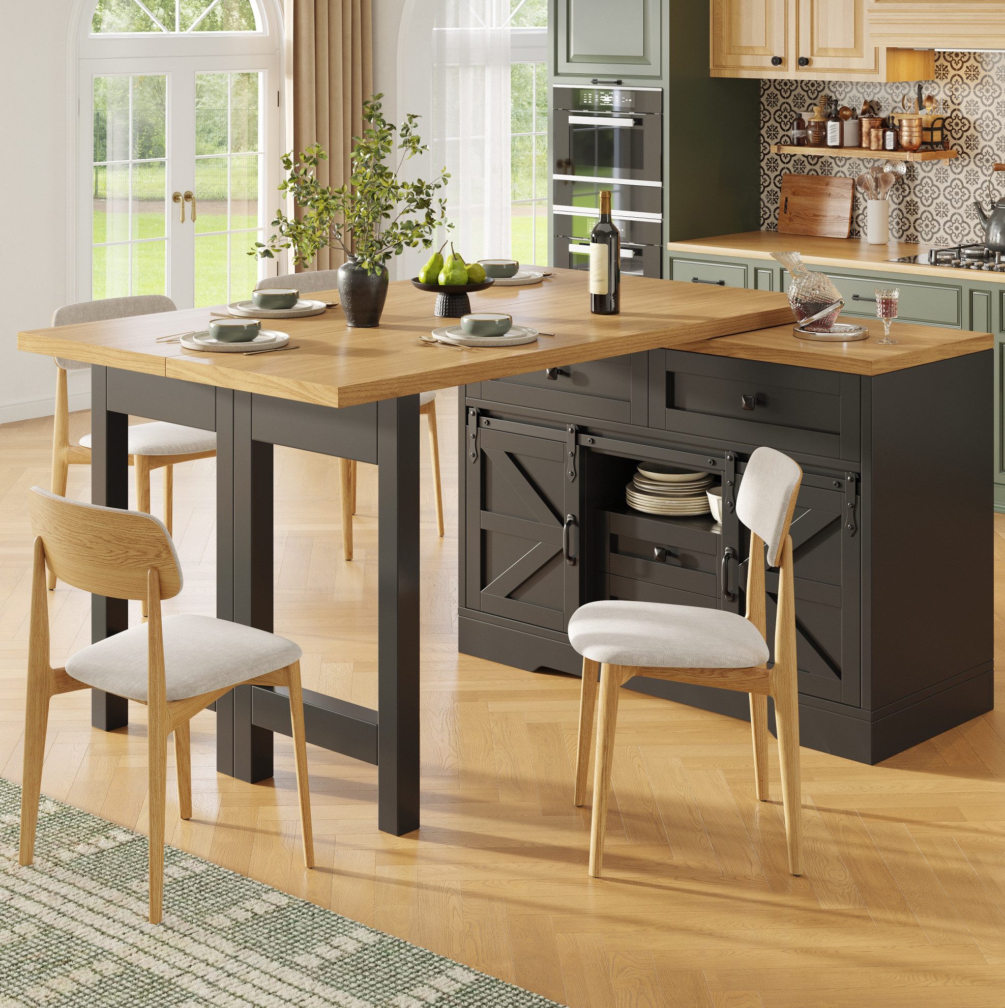 OKWISH Kücheninsel Multifunktionaler Esstisch mit Seiten-Schrank und Drehpaneelen, (2-in-1 Tischlösung mit Scheunentor-Schranktür im modernen Stil), Küchenmöbel Kombination mit versteckten Schubladen und Stauraum