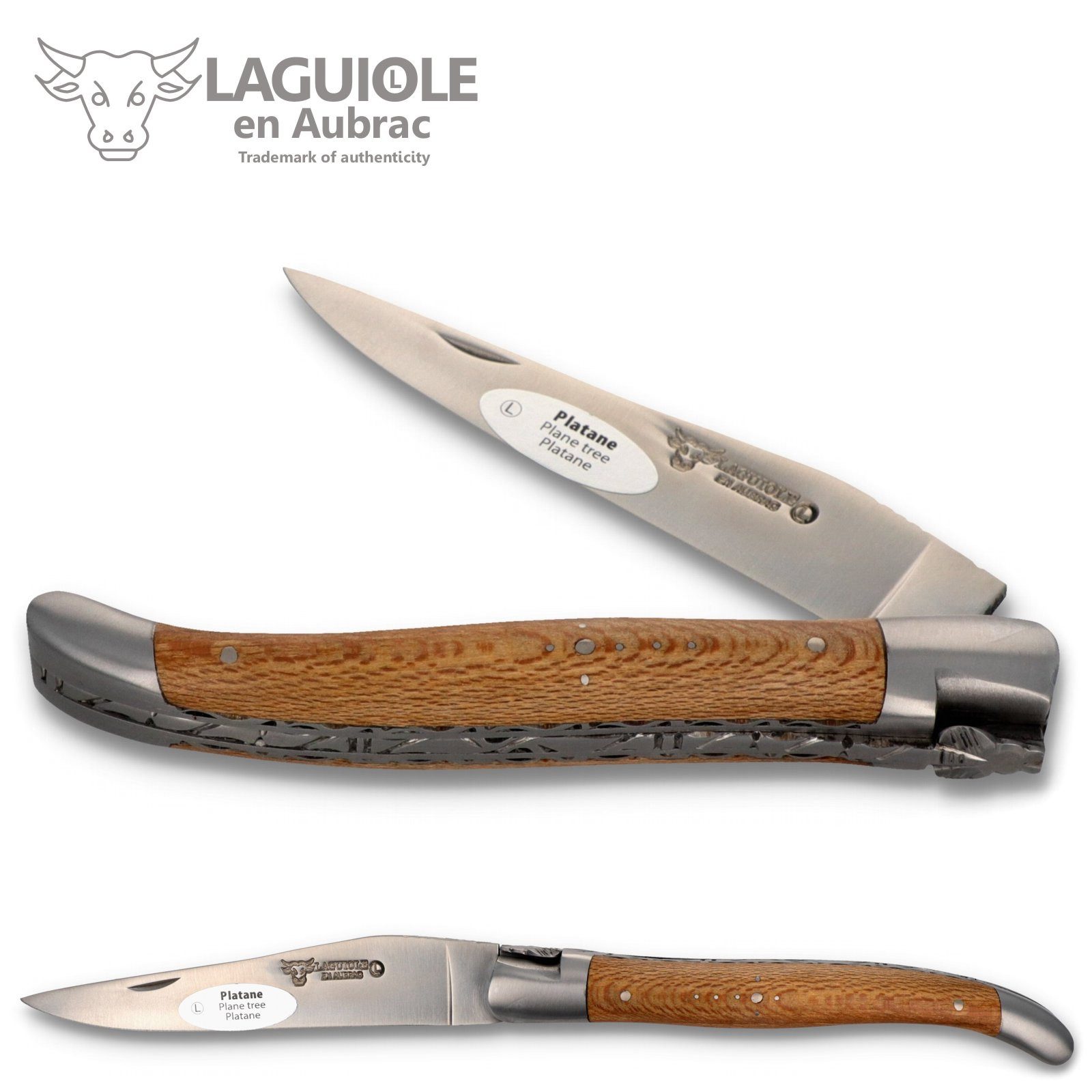Laguiole en Aubrac Taschenmesser L0712PYNIF-SAT, Griff 12cm Platane - Feder verziert - Doppelplatine - Stahl satiniert