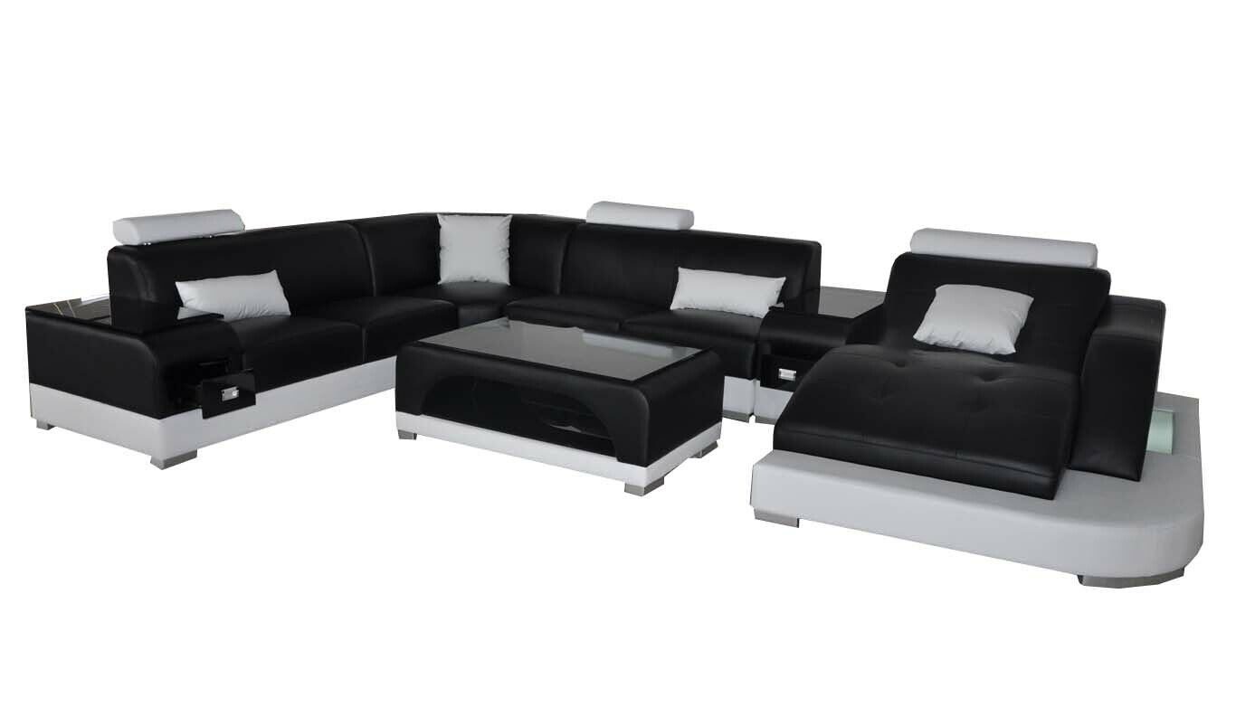 JVmoebel Ecksofa Leder Sofa mit USB Moderne Sitz Couch Polster Eck Couchen+Tisch+Licht Schwarz