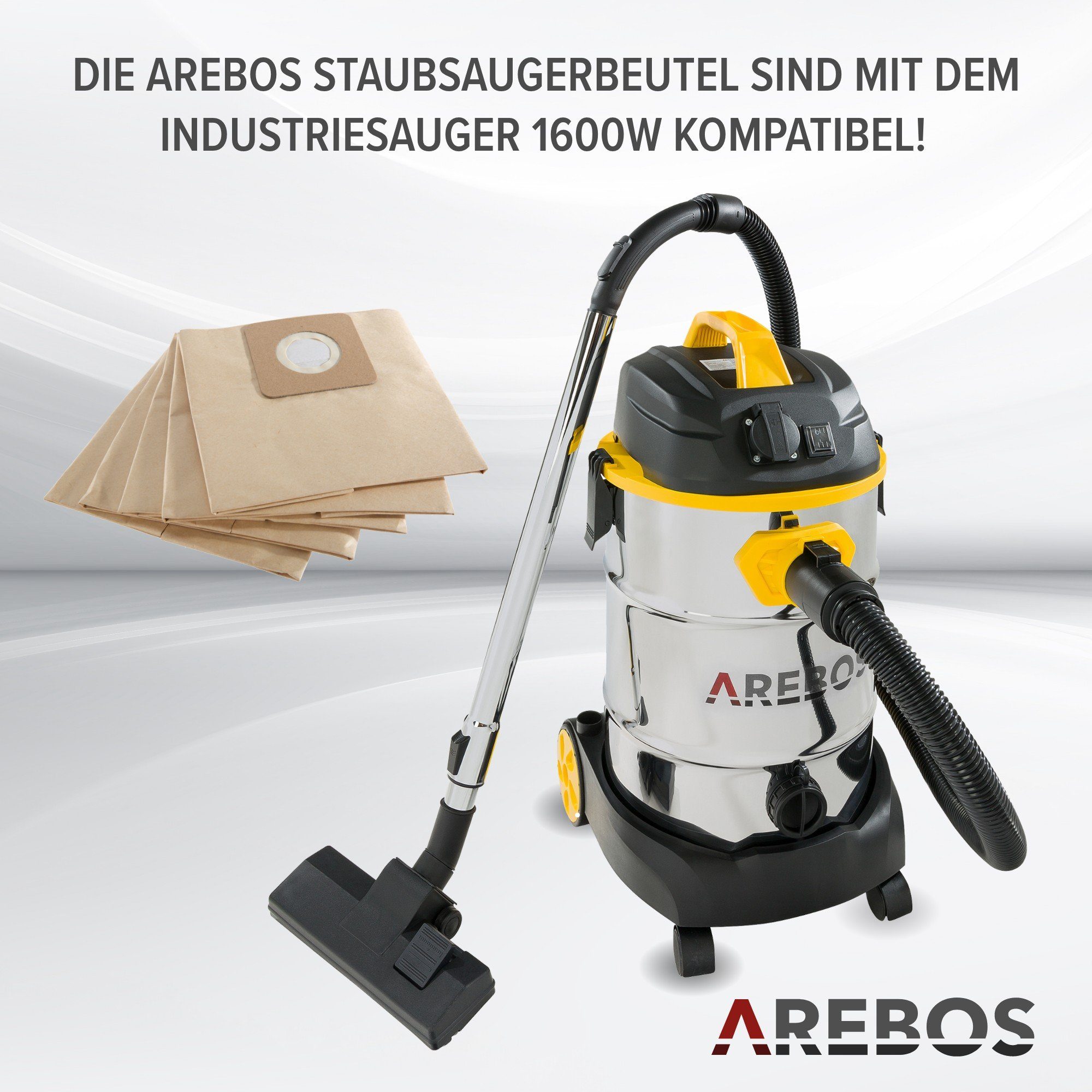 Arebos Staubsaugerbeutel 5x Spezialpapier, Geeignet für Industriestaubsauger 1800W, 2-lagig