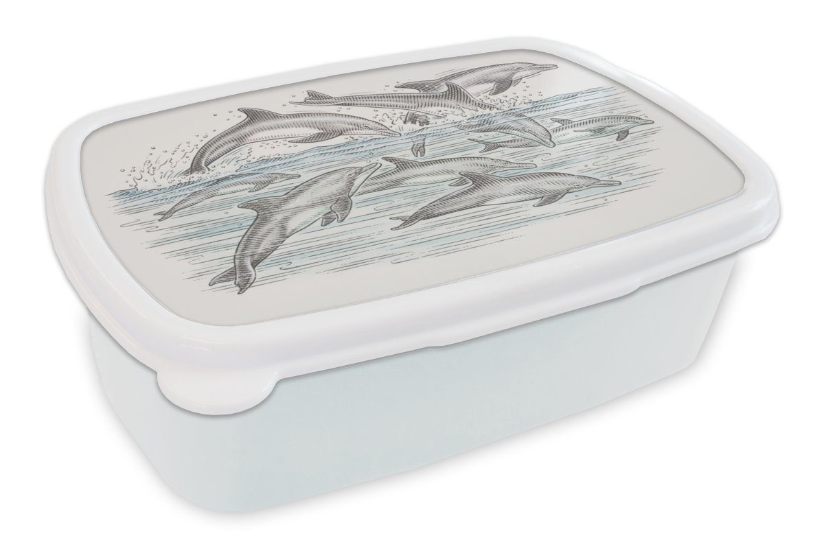 MuchoWow Lunchbox Delfine - Tiere, und für Kinder Brotbox und (2-tlg), Brotdose, weiß Mädchen Kunststoff, Jungs - Wasser Erwachsene, für