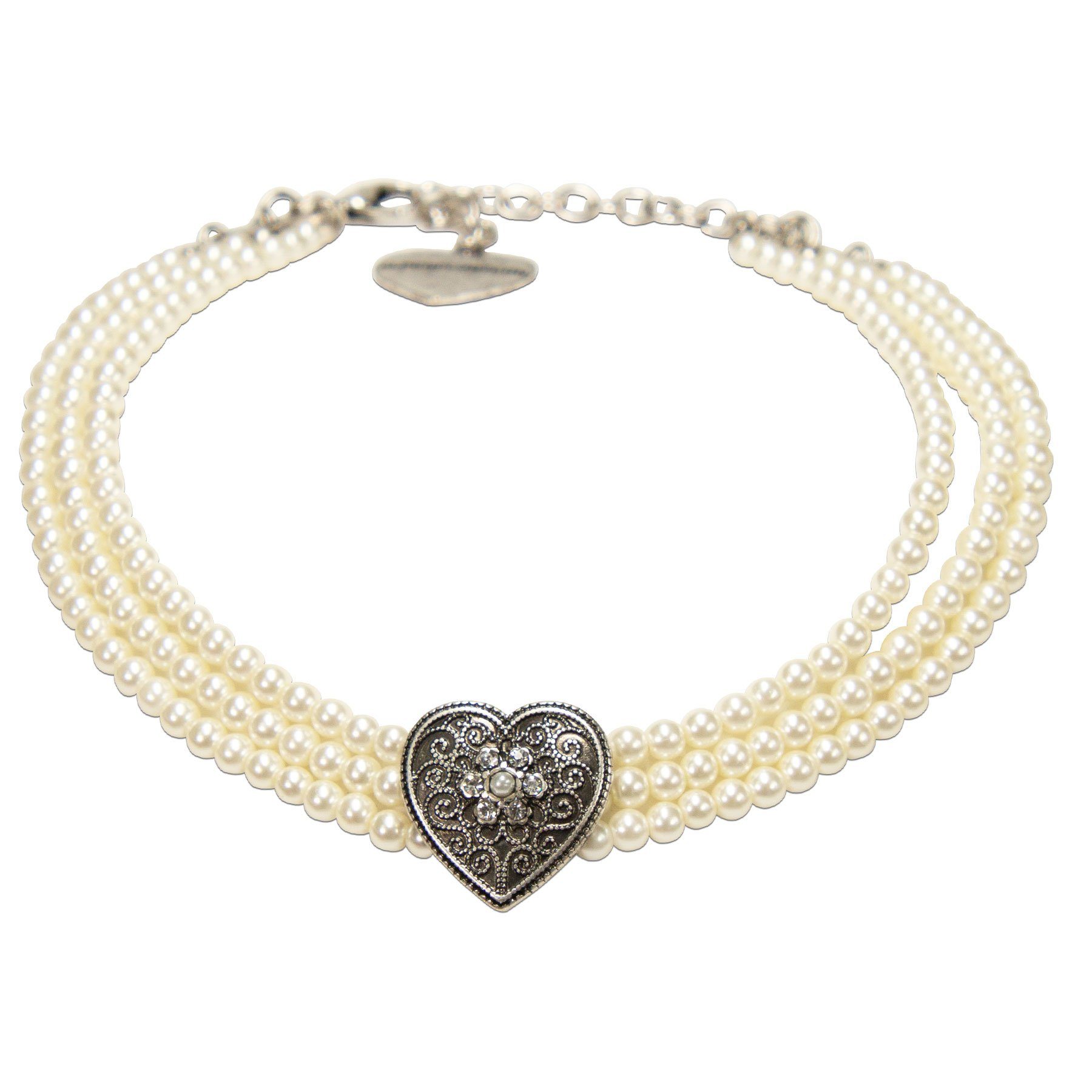Collier Trachten-Perlen-Kropfkette Ornament-Herz (creme-weiß)