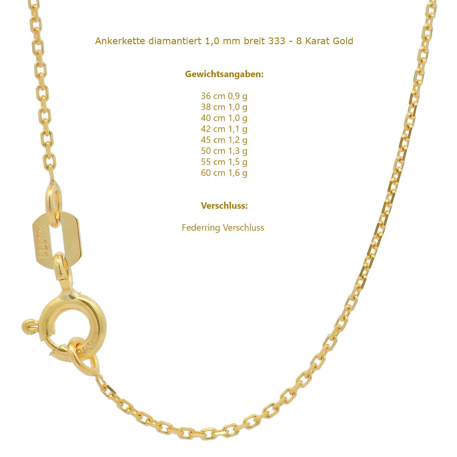 HOPLO Goldkette Goldkette Ankerkette diamantiert 333 - 8 Karat Gold 1,0 mm günstig online kaufen