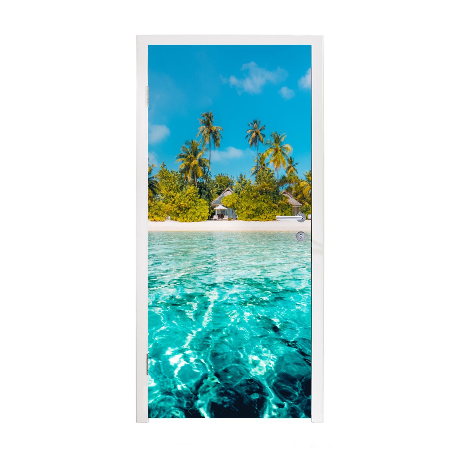 MuchoWow Türtapete vom Palmen mit auf einen Türaufkleber, Tür, St), aus, Blick cm für Wasser Matt, 75x205 Strand (1 bedruckt, Fototapete