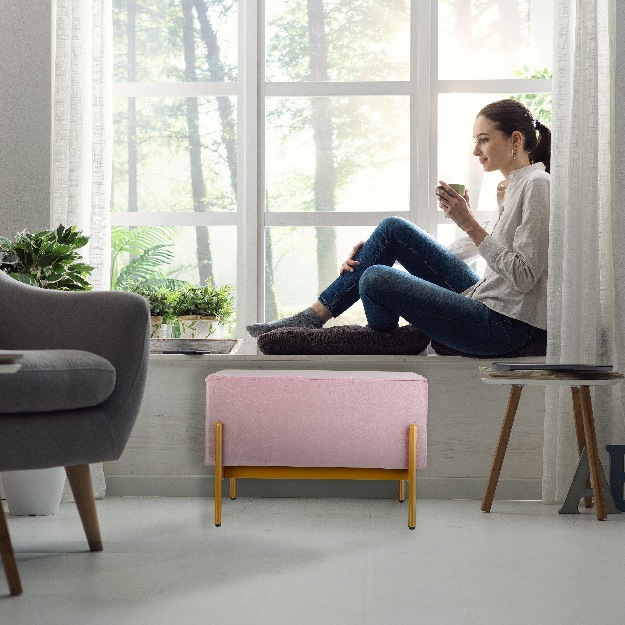 relaxdays Sitzbank aus Samt, Rosa