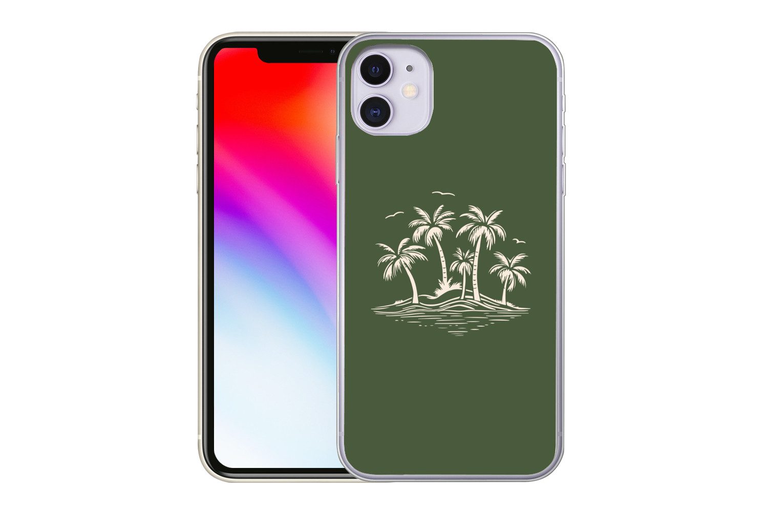 MuchoWow Handyhülle für Apple iPhone 11 Palmen - Strand - Grün - Beige - Tropisch, Smartphone-Bumper, Print, Handy Schutzhülle Dünn