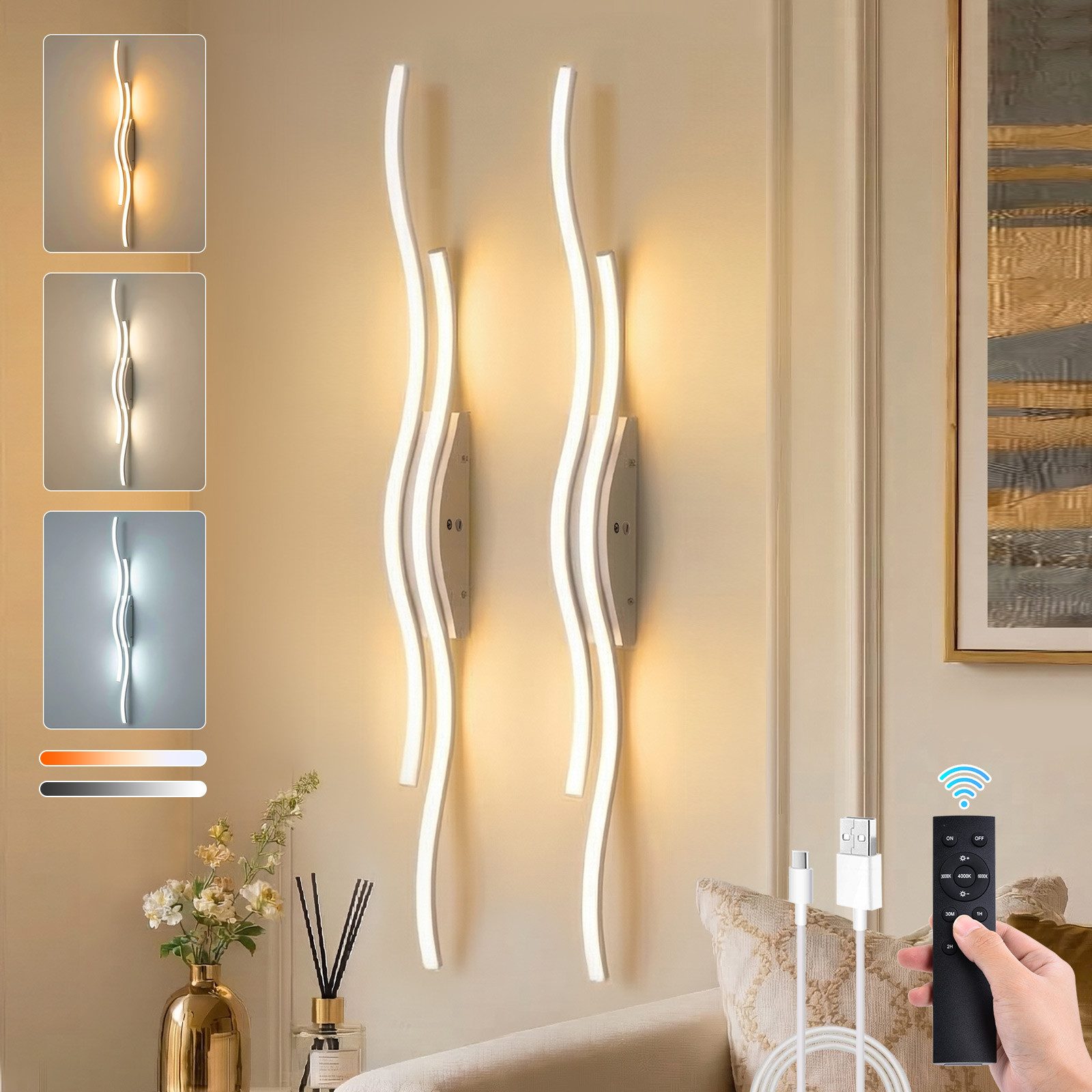 Lapalife LED Wandleuchte Akku kabellose Wandlampe innen Dimmbar, 3000K-6500K, Mit Fernbedienung für Schlafzimmer Wohnzimmer Flur Arbeitszimmer