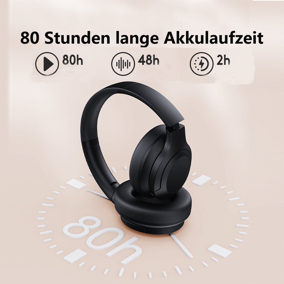 autolock Bluetooth Over-Ear-Kopfhörer Headset HiFi Noise Handy/PC/Zuhause) Over-Ear-Kopfhörer aktivem mit 80 Kopfhörer,für Stereo (Wireless Rosa Stunden Spielzeit Faltbare