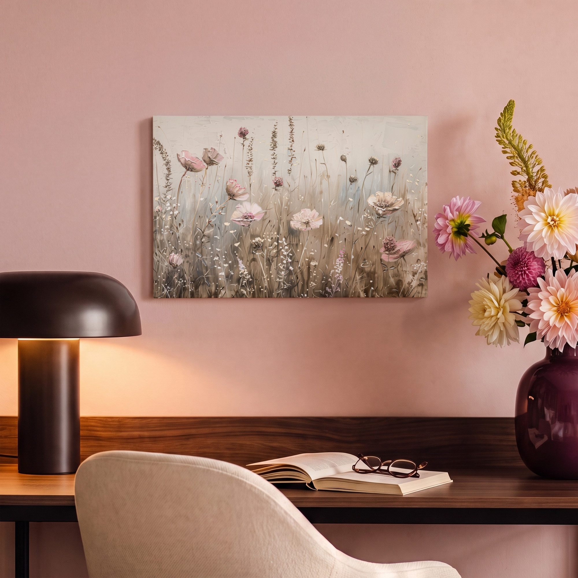 OneMillionCanvasses® Leinwandbild Blumen - Rosa - Modern - Beige, Fotodruck (1 St), Leinwand Bilder Klein, Wand Dekoration Aesthetic 30x20 cm – Bild 4 von 5