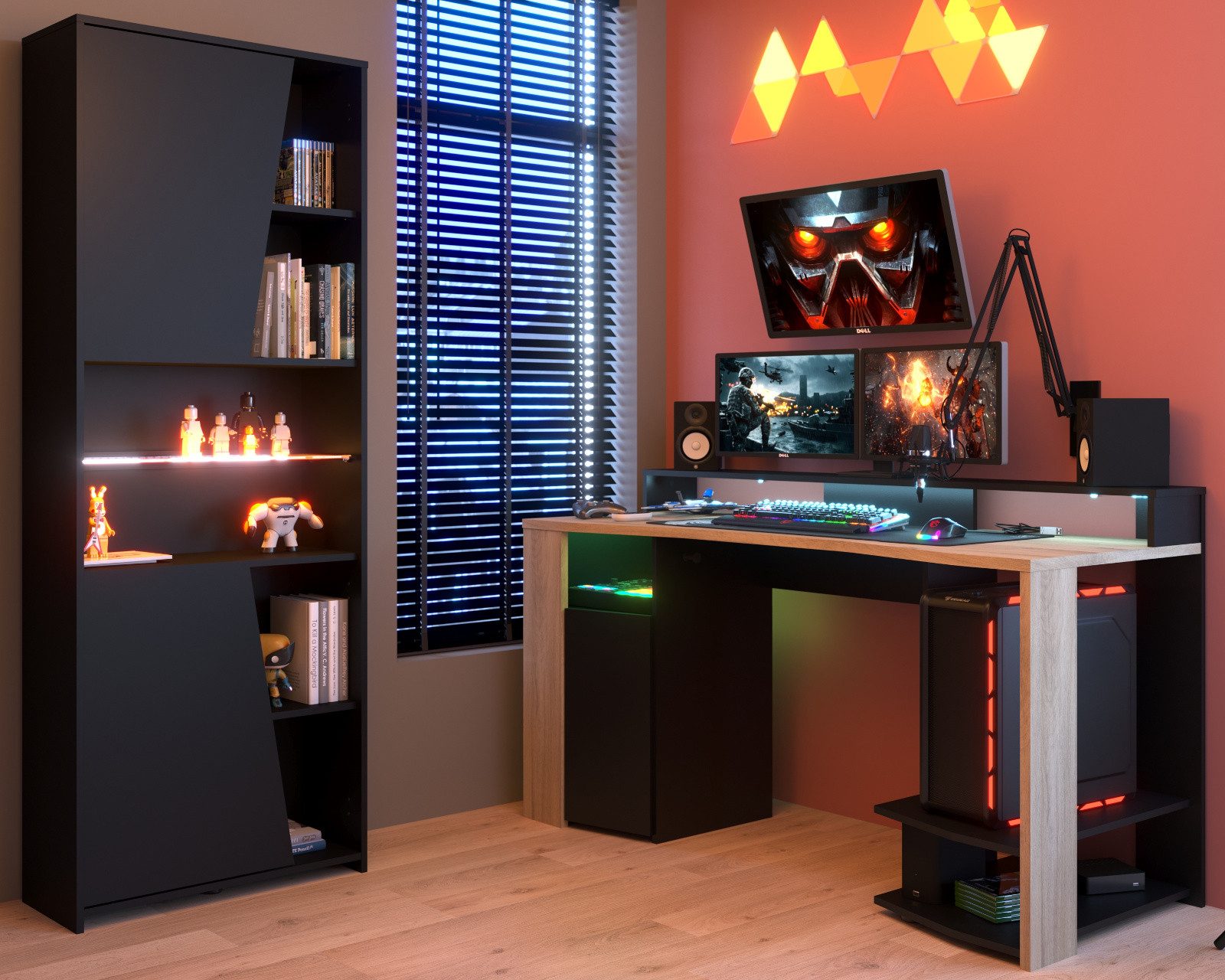 Parisot Jugendzimmer-Set Meta, (Gamer Set mit Schreibtisch und Schrank, 2-tlg., in Schwarz mit Eiche), inklusive LED Beleuchtung