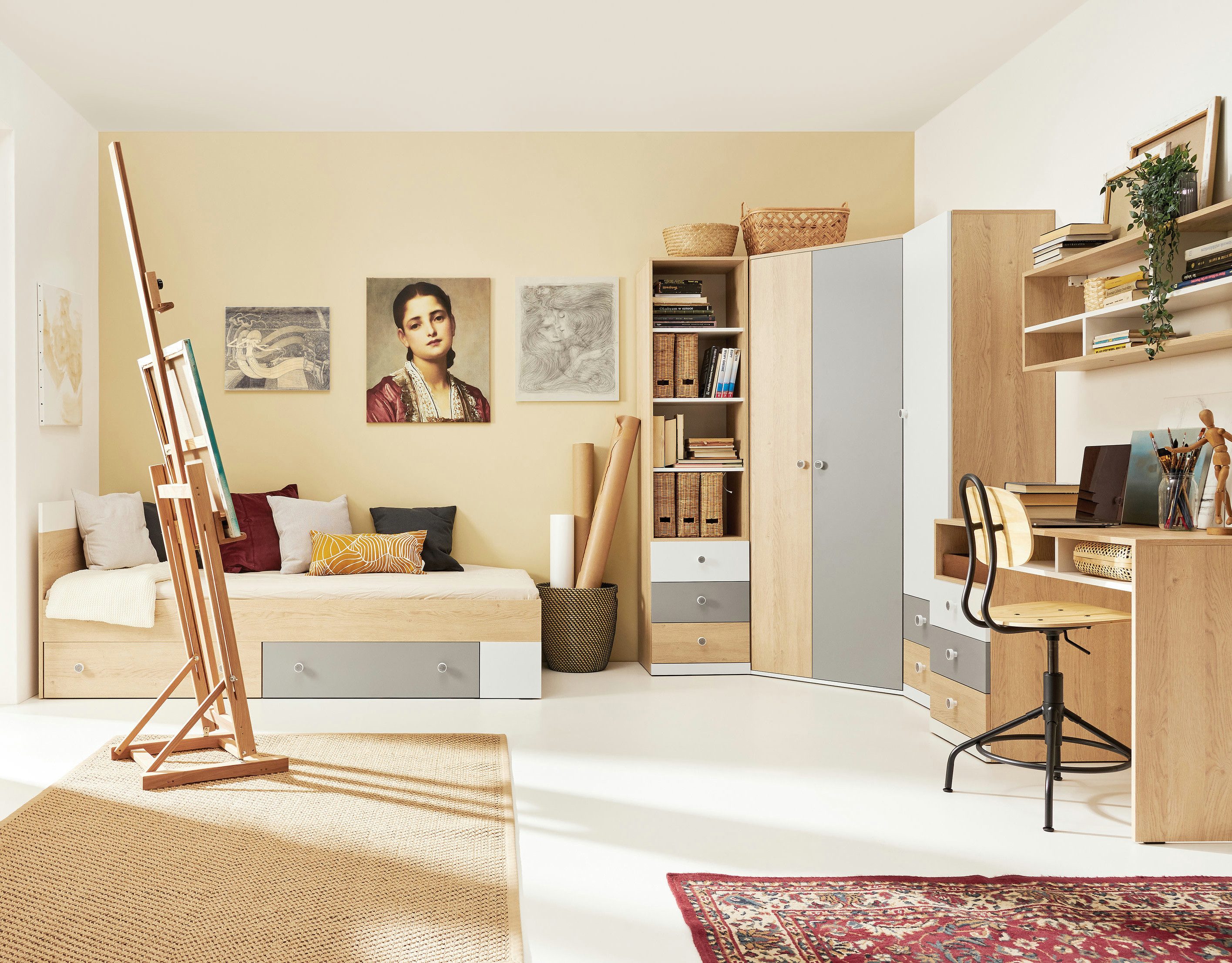möbel-direkt.de Jugendzimmer-Set Pico in Eiche, Weiß und Grau, (Komplett Set, 7-tlg., in verschiedenen Varianten oder als Einzelmöbel erhältlich), ABS-Kanten