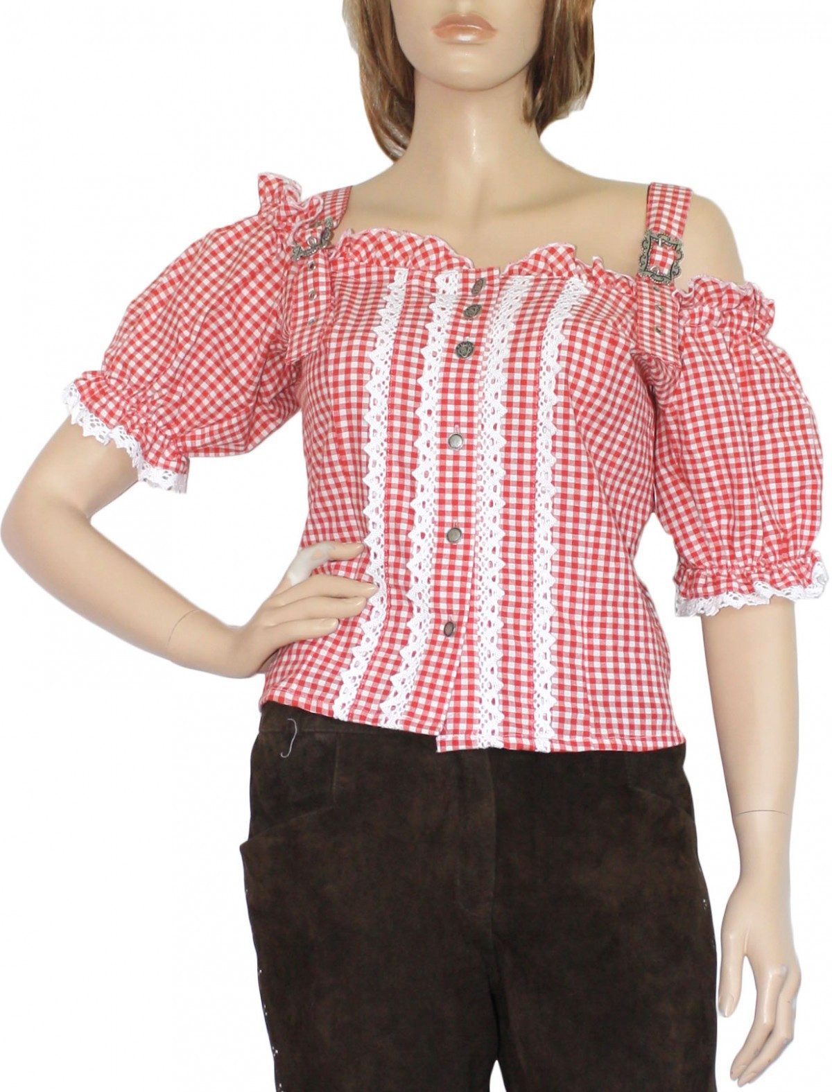 German Wear Carmenbluse OB2-rot Trachtenbluse Carmenbluse Trachtenlederhosen-bluse ROT kariert