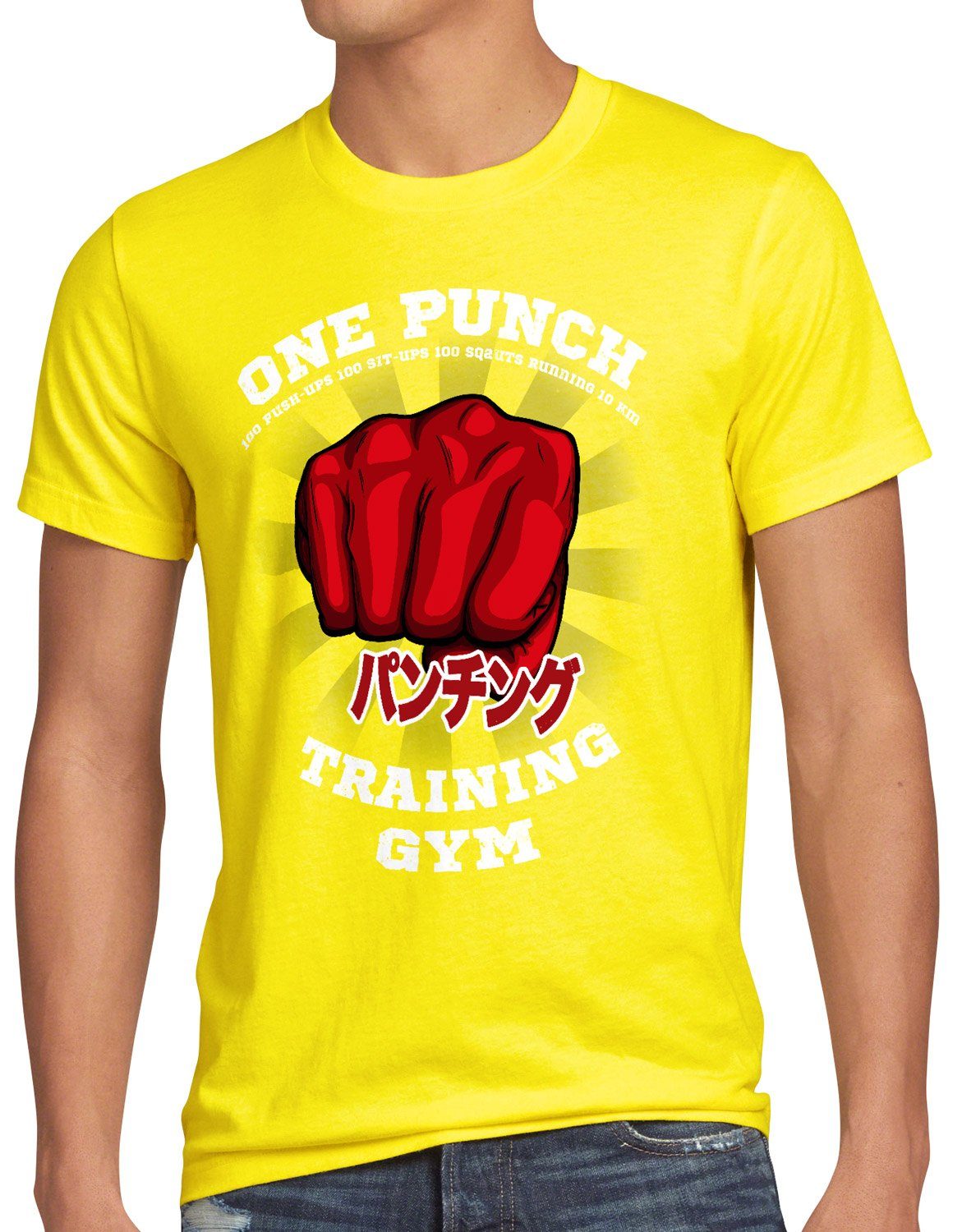 style3 Print-Shirt Herren T-Shirt One Punch Gym saitama anime manga gelb