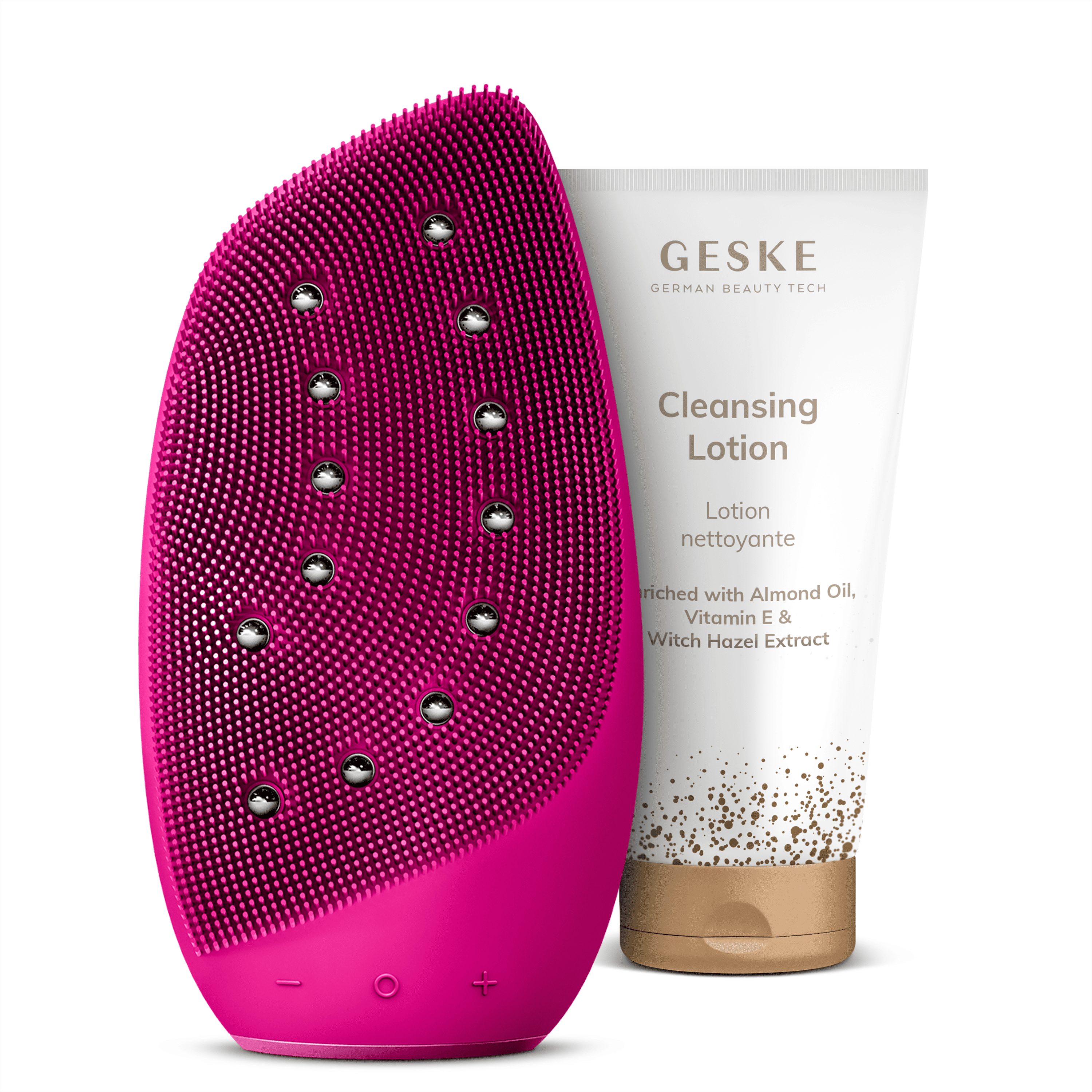 GESKE German Beauty Tech Elektrische Gesichtsreinigungsbürste Sonic Thermo Facial Brush & Face-Lifter Magenta + Gratis Kosmetik, Packung (Gerät & USB-Ladekabel), 2-tlg., Gerät inkl. kostenloser APP (SmartAppGuided Device), Mit der GESKE App erhältst Du deine personalisierte Hautpflegeroutine.
