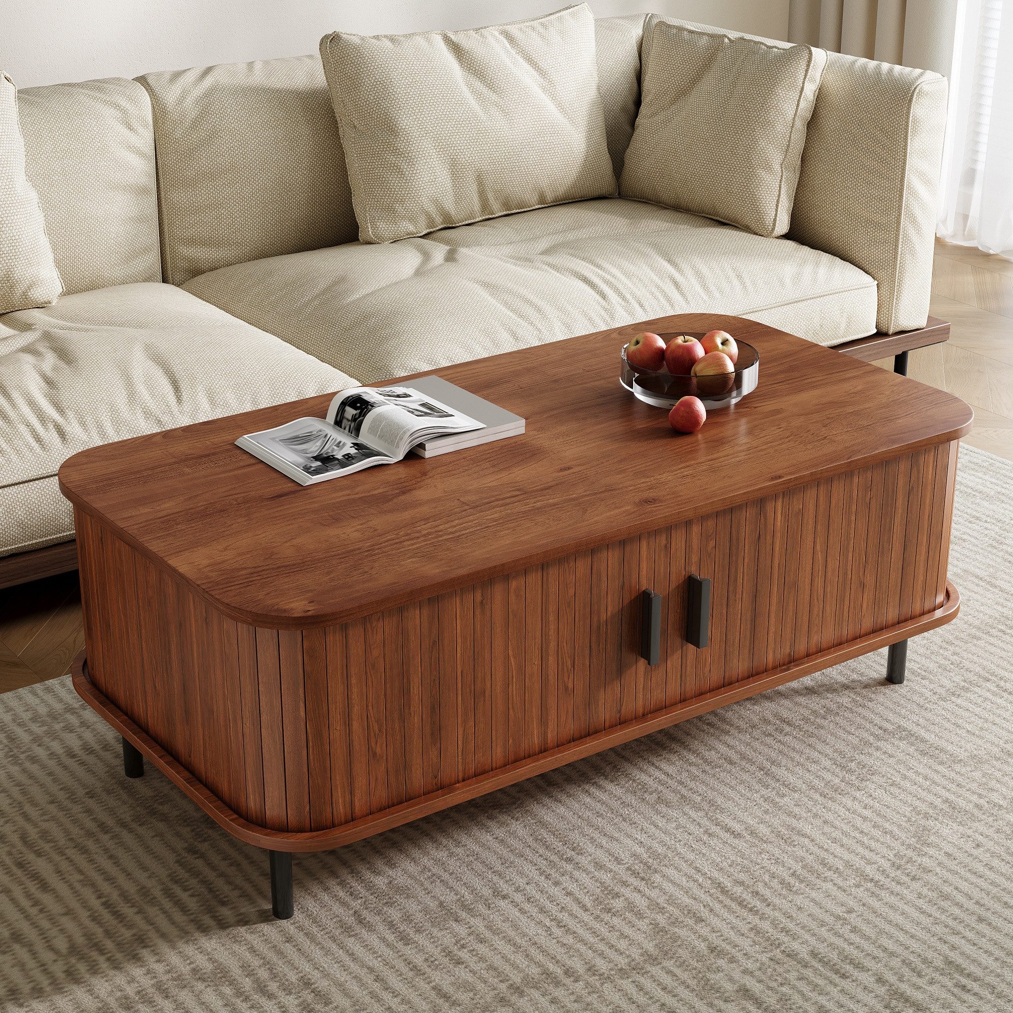 Merax Couchtisch mit 2 Schiebetüren und Stauraum, Sofatisch Beistelltisch 120x55x45cm (1-St), Wohnzimmertisch mit vertikaler Lamellenoptik & abgerundeten Kanten – Bild 4 von 5
