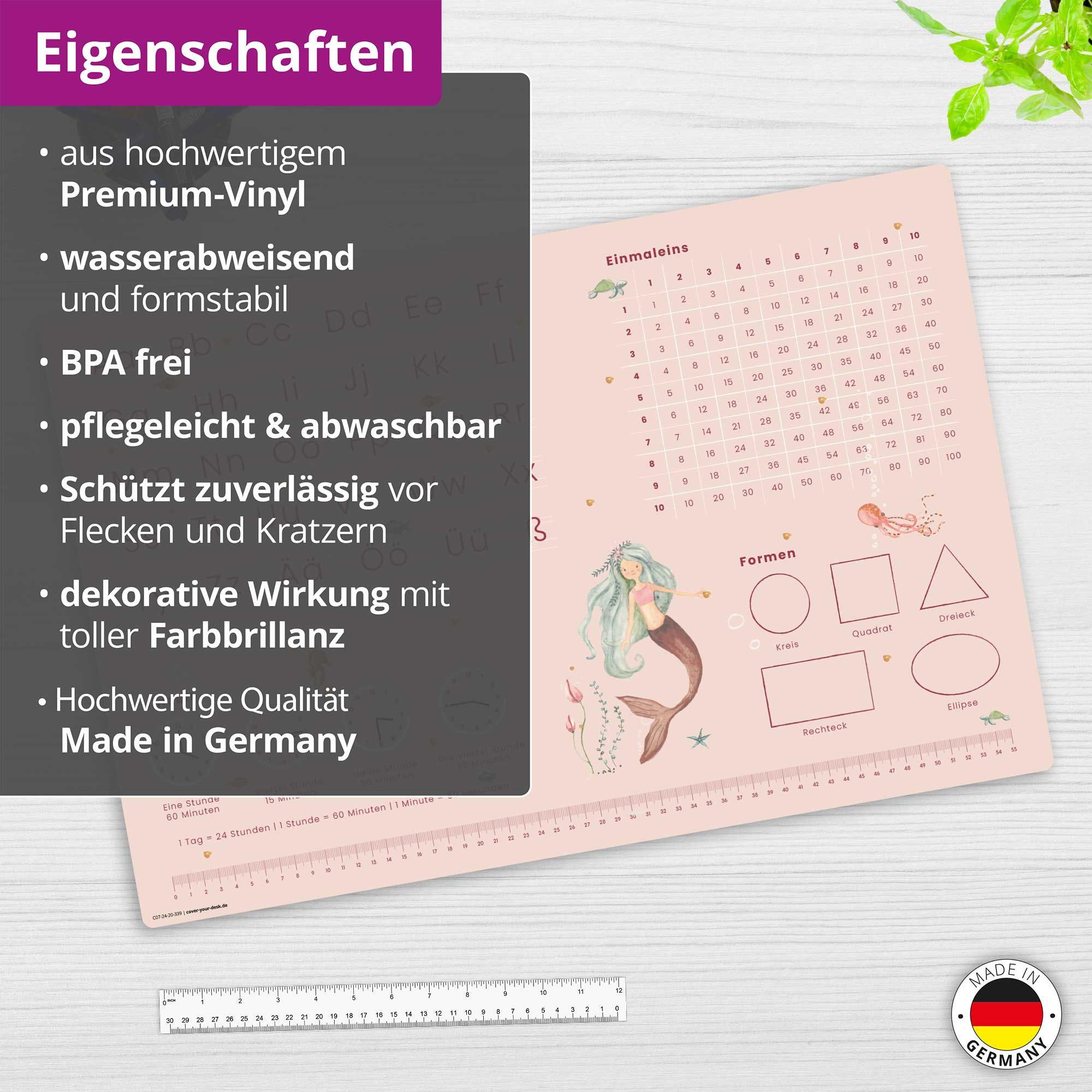 cover-your-desk.de Schreibtischunterlage Lernunterlage Meerjungfrau - abc & 1x1 für Kinder, Made in Germany, (1 tlg)
