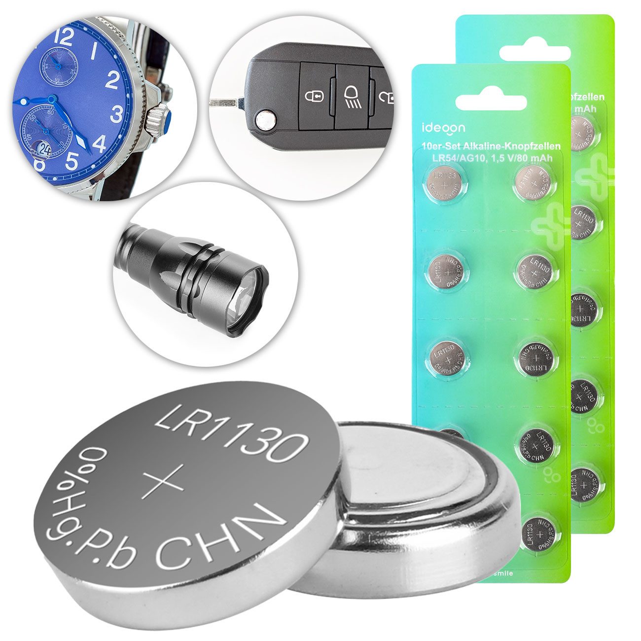 shop'n smile ideoon Alkaline-Batterien LR54 AG10 für Taschenrechner Knopfzelle, (20 St), Frei von Cadmium und Quecksilber