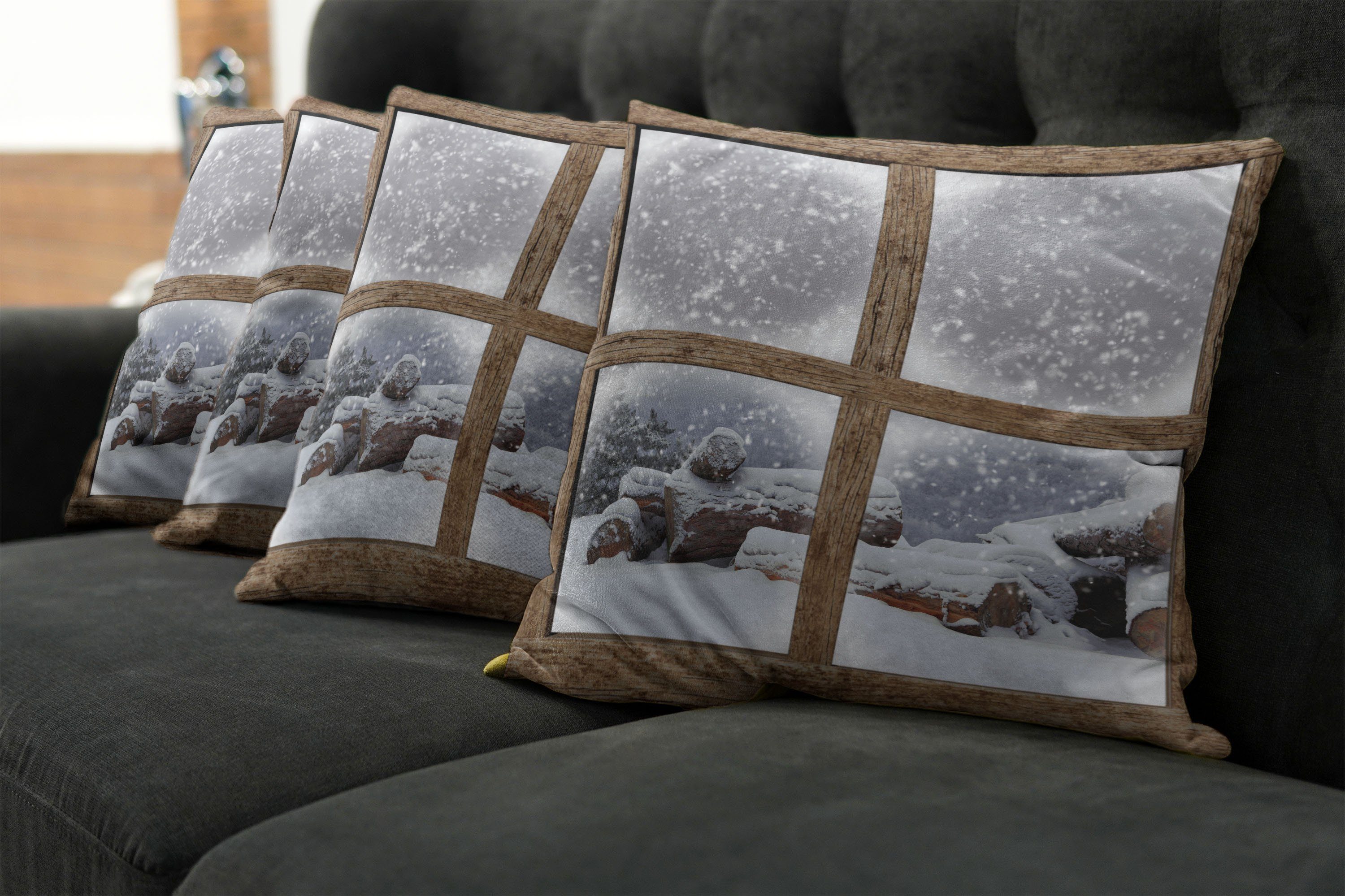 Stück), Kissenbezüge Holzig Doppelseitiger Rustikale (4 Rahmen Modern Digitaldruck, Abakuhaus Accent Snowy Winter