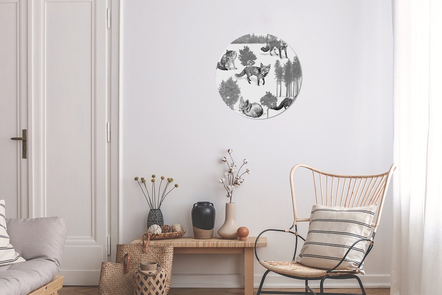 MuchoWow Gemälde Muster - Wandbild, und Kreis (1 30x30 weiß, Wanddekoration Füchsen Wohnzimmer, Bäumen von schwarz und St), Rundes Forex, cm