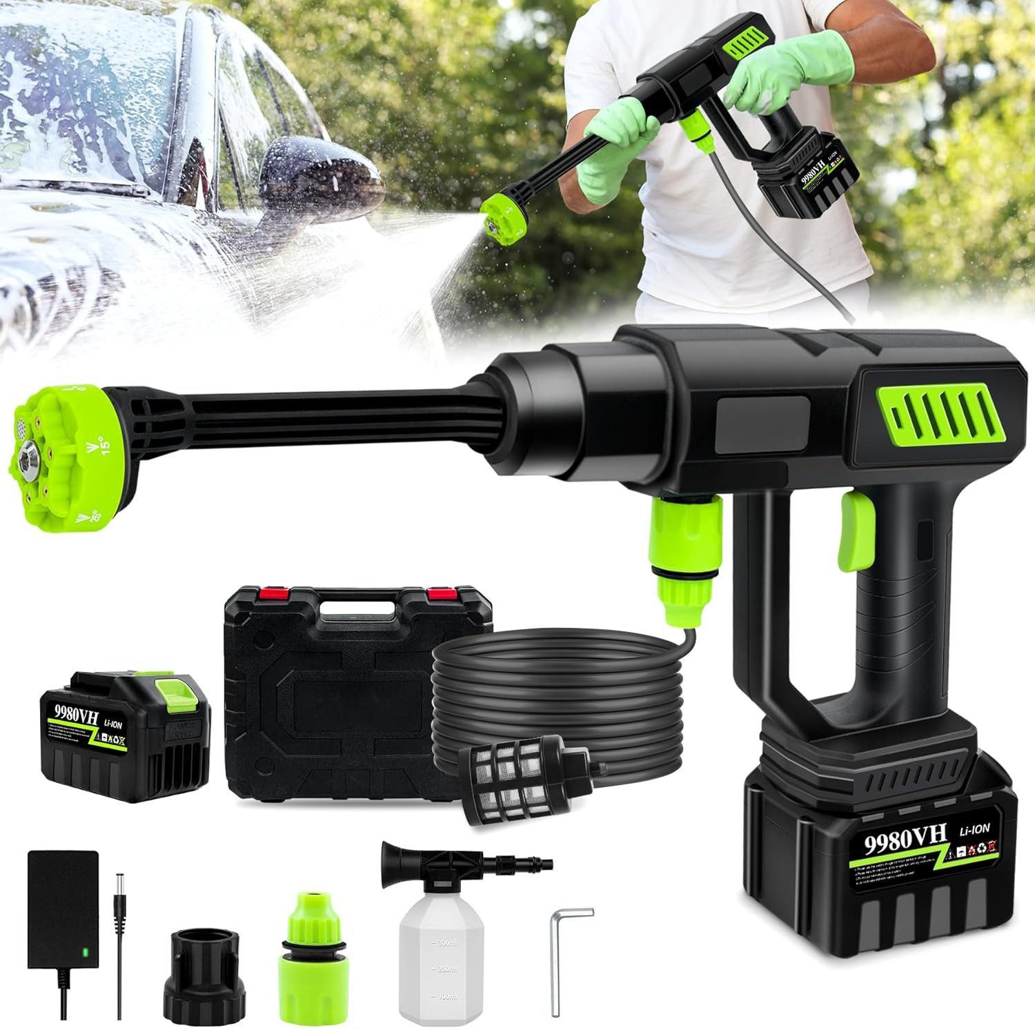 Futicare Akku-Hochdruckreiniger kabellos ideal für Fahrrad,Auto & Garten,kompakt & leicht,2x 24V Akku, Druck max: 10 bar, 6-in-1 Düse, effizient & schonend für Alltag