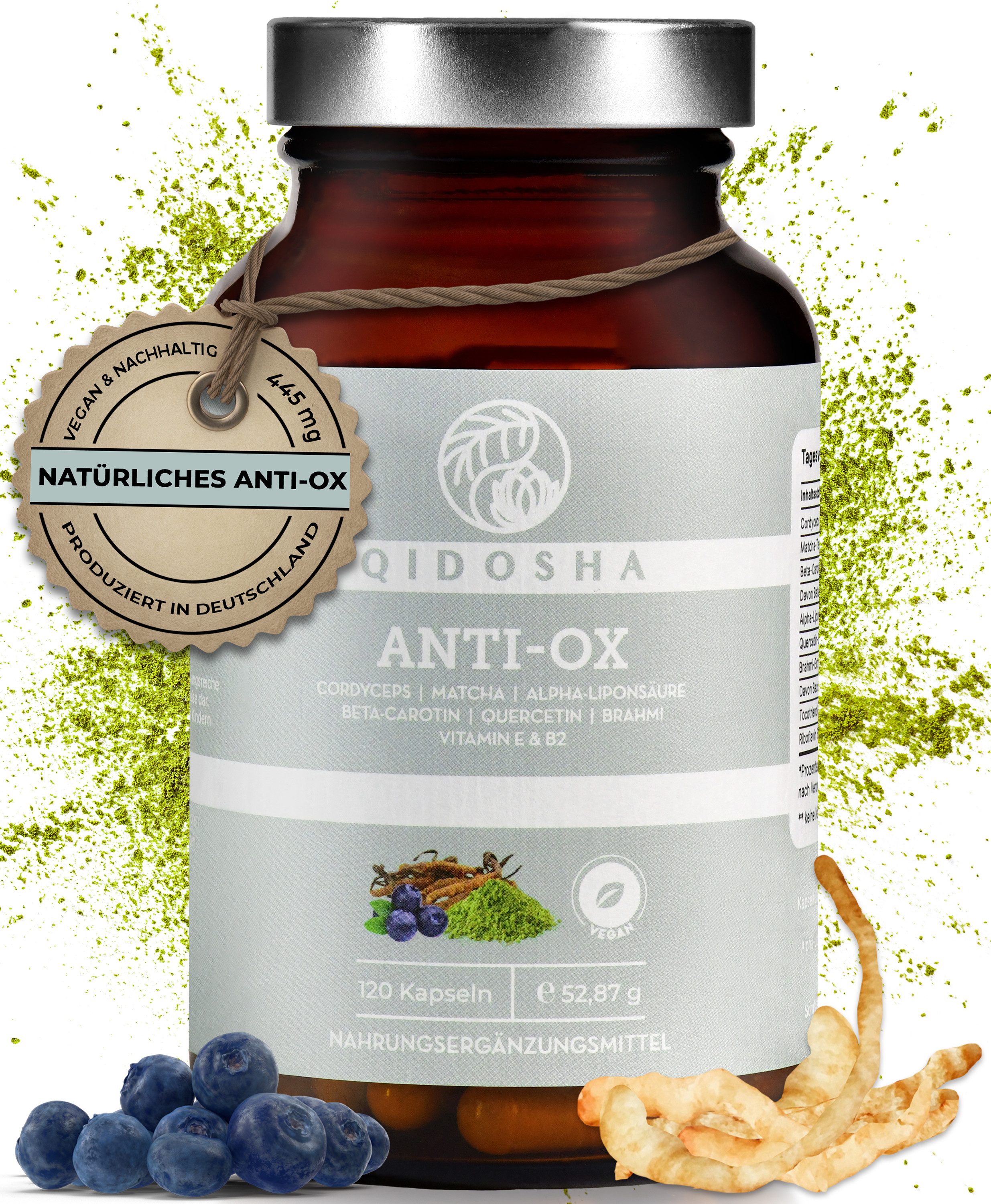 QIDOSHA Antioxidantien-Komplex ANTI-OX Kapseln, TESTSIEGER 01/2024*, mit Cordyceps sinensis Extrakt, R-Alpha-Liponsäure, Quercetin, Brahmi-Extrakt, Beta-Carotin sowie den Vitaminen C, E und B2 à 120 St., 52 g