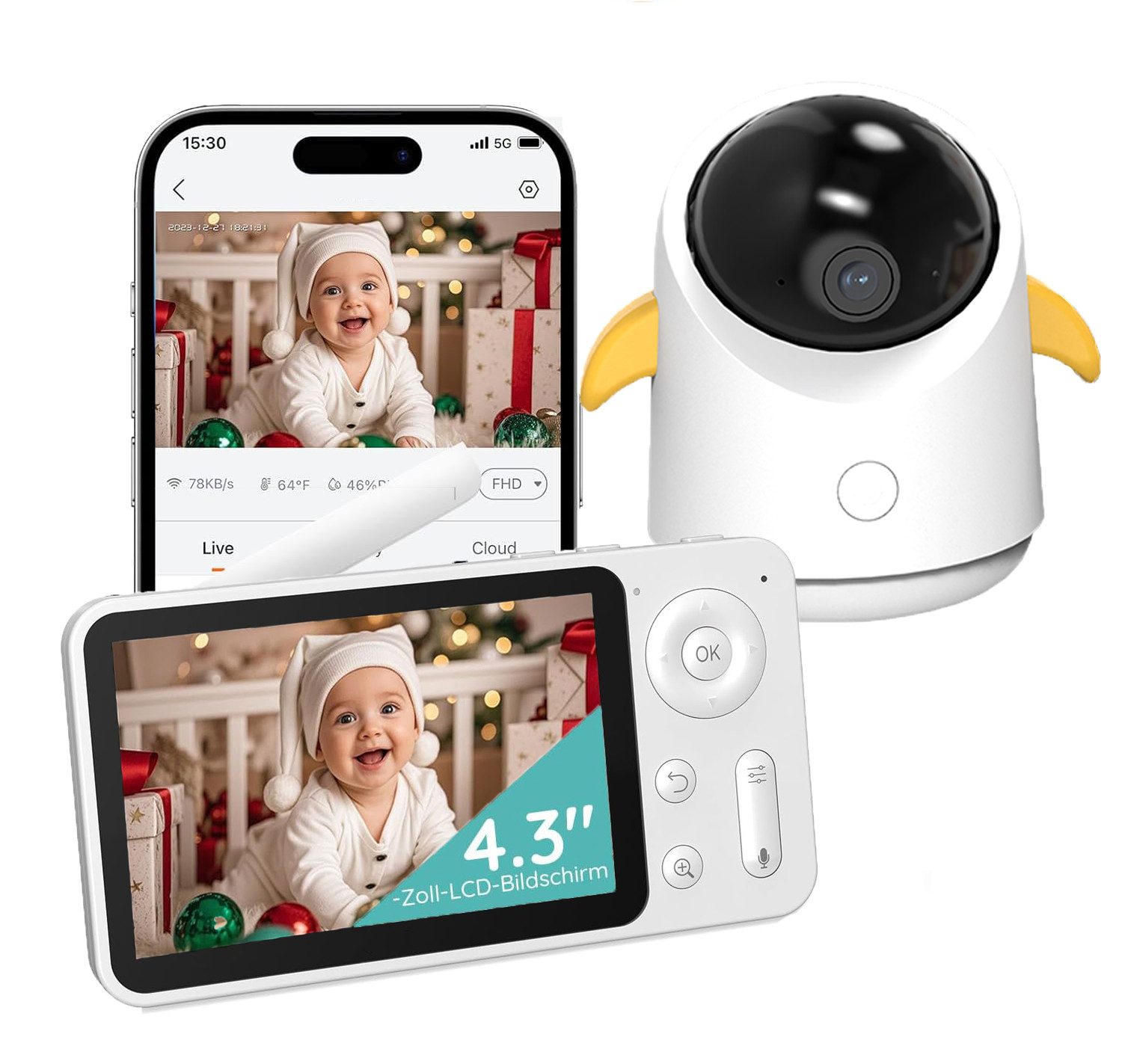 Boifun Babyphone WLAN Babyphone mit Kamera 4,3 Zoll 2MP HD Video Babyfon mit App, IR Nachtsicht Zwei Wege Audio 360 Gard Temperaturüberwachung, 4×Digitalzoom Bewegungsverfolgung Weinen/Bewegungs/Geräuscherkennung, Unterstützt Mehrere Schlaflieder zum Aufrufen mit einem Klick