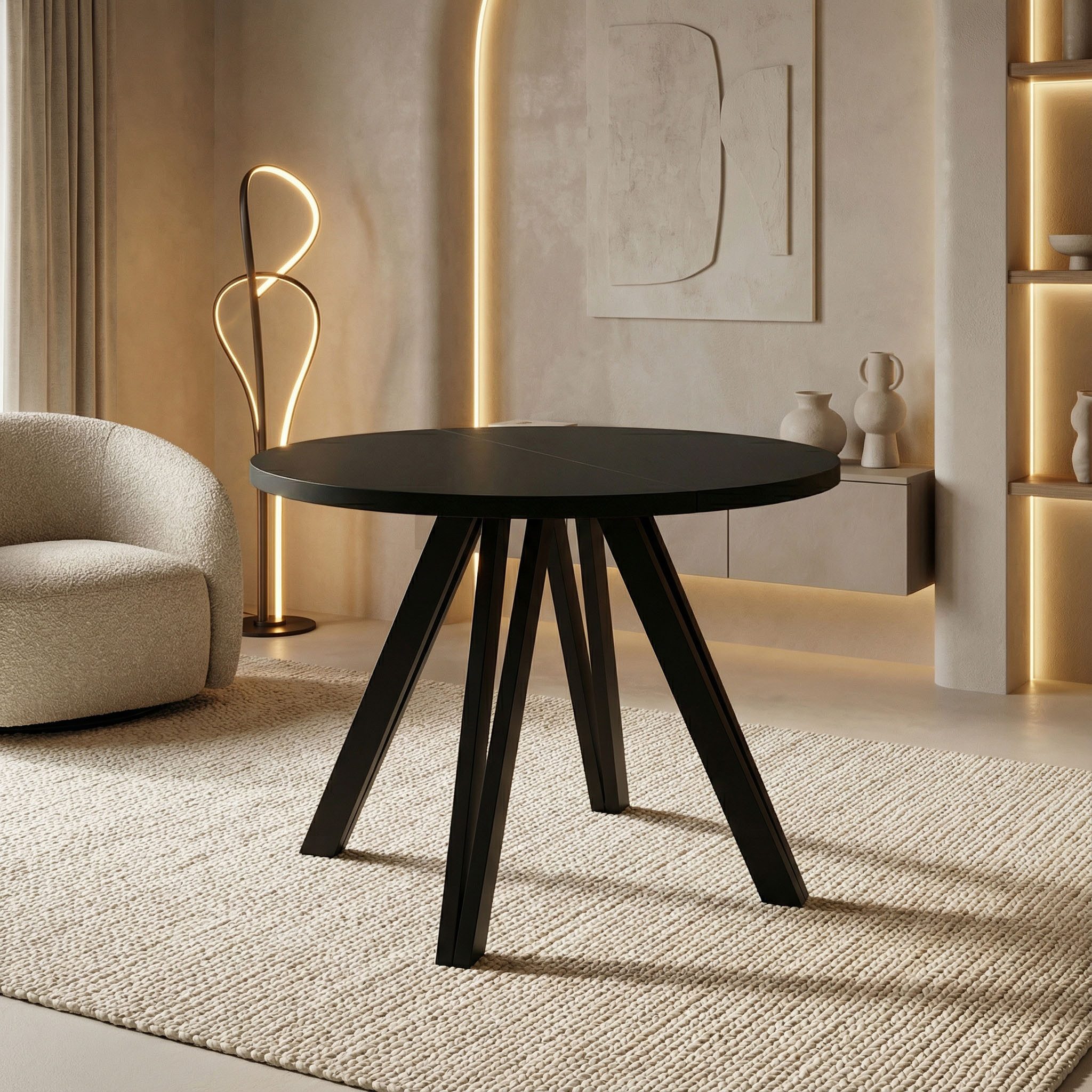 WFL GROUP Esstisch Ravano ausziehbar rund modern mit Schwarzen Holzbeinen (MADE IN EU, drei Größen – 100 cm, ausziehbar auf 140/180 cm), platzsparender Tisch für kleine Küche, Esszimmer oder Wohnzimmer