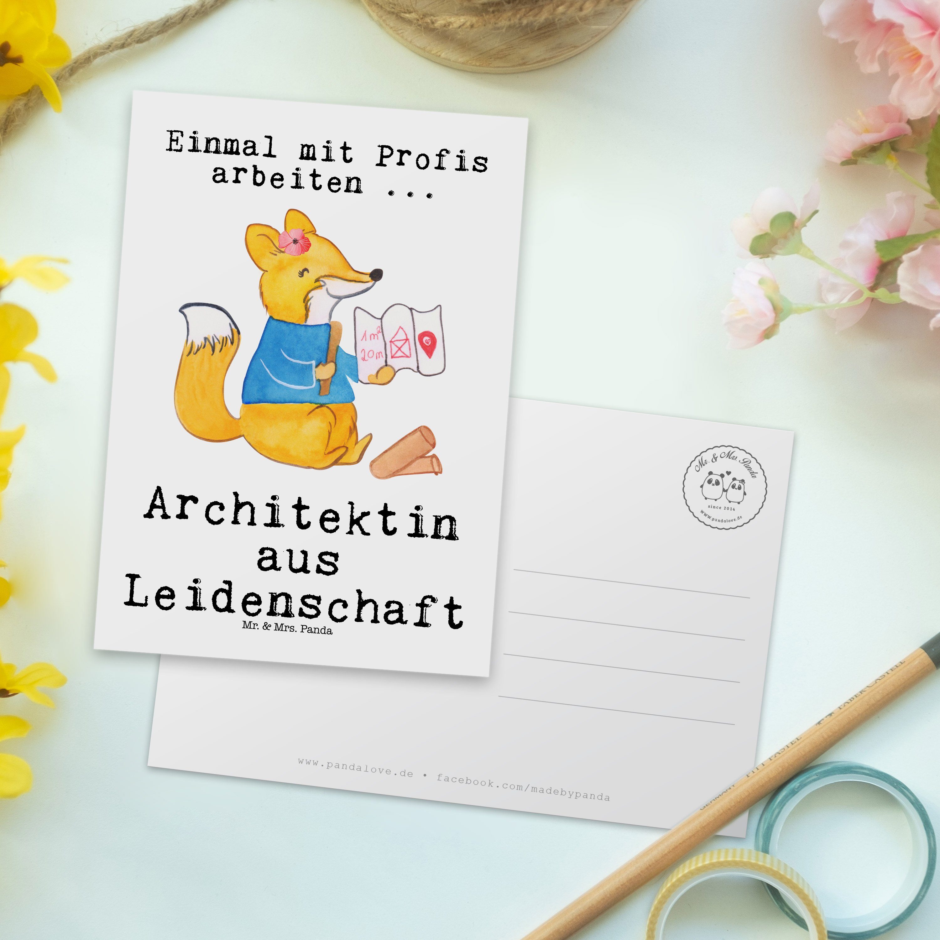Mr. Leidenschaft Geschenk, Baumeisterin Postkarte - Mrs. Panda Architektin & - Weiß Fuchs, aus