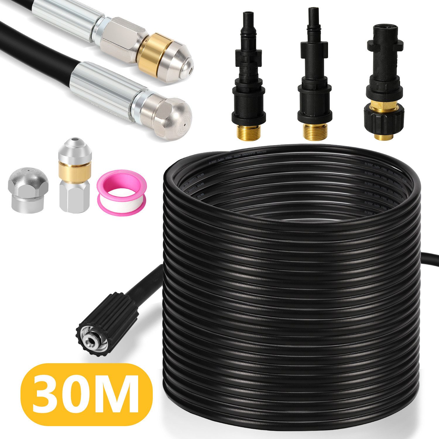 Clanmacy Hochdruckschlauch Rohrreinigungsschlauch,30m,160 bar,mit Adapter,Düsen starr+rotierend
