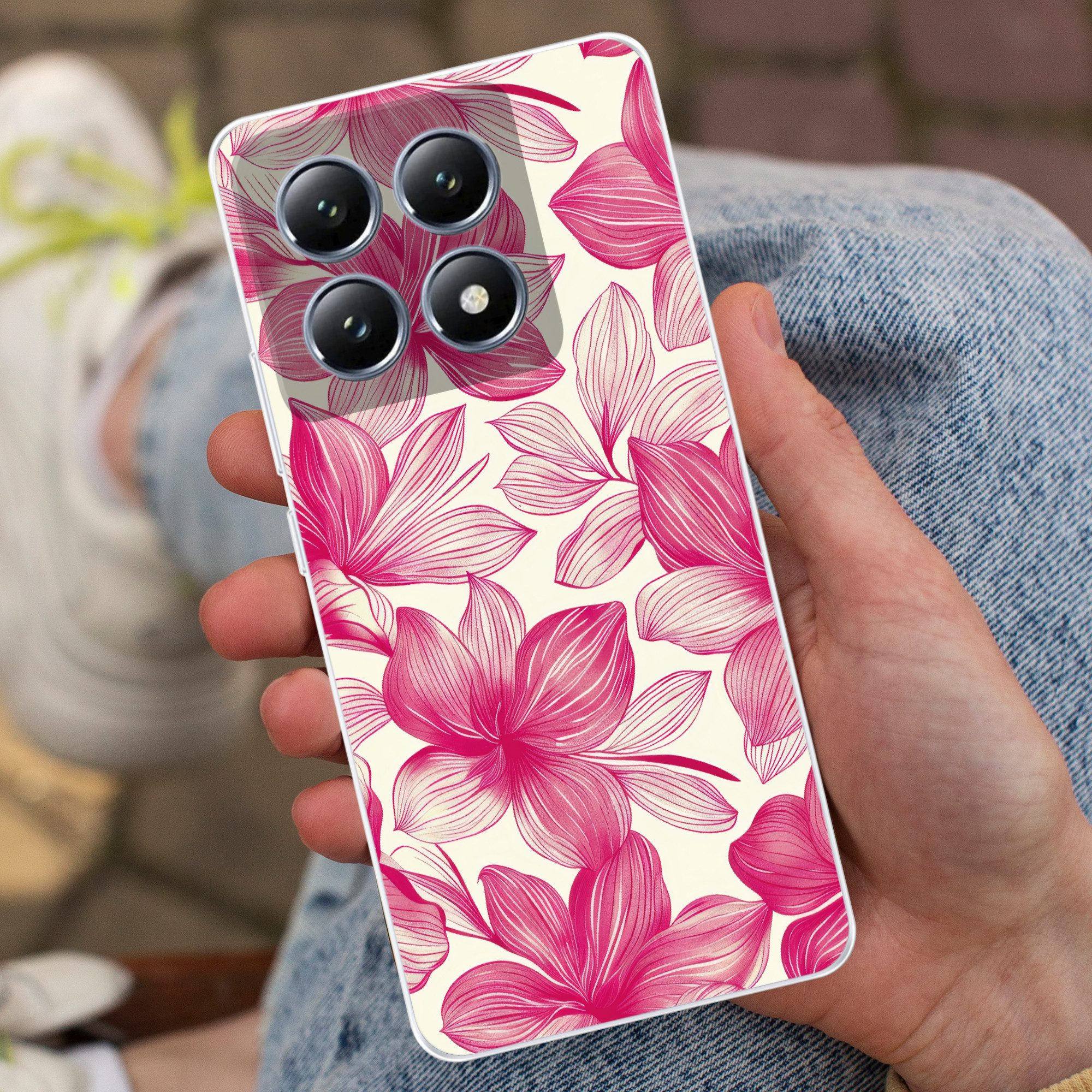 MuchoWow Handyhülle für Xiaomi 14T Blumen - Muster - Rosa - Weiß, Handy Case, Silikon, Bumper Case Dünn