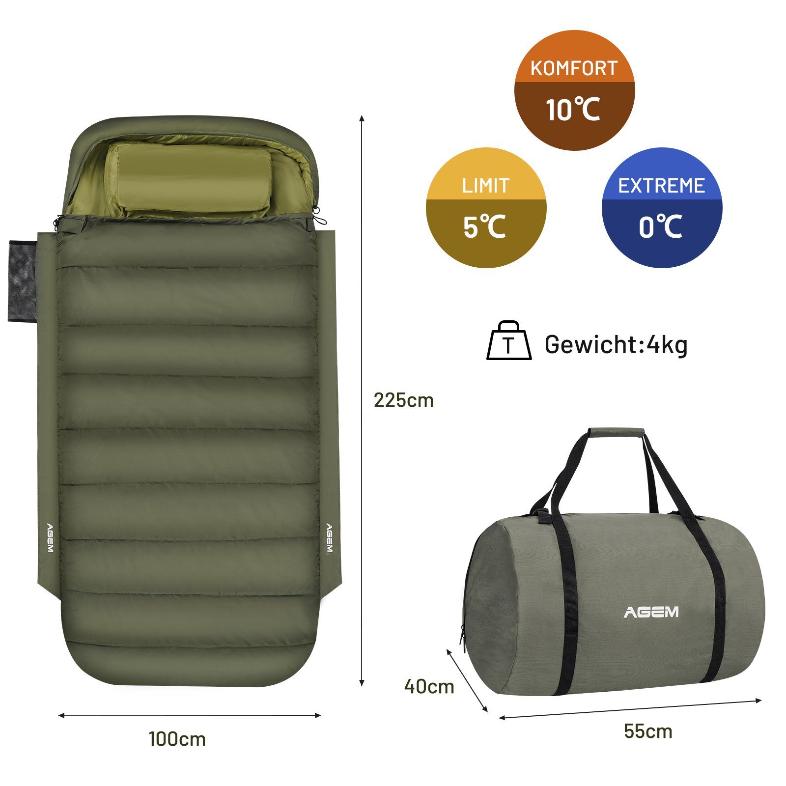 AGEM Schlafsack Outdoor Winter -5°C Camping 4 Jahreszeiten Sommer Sleepingbag