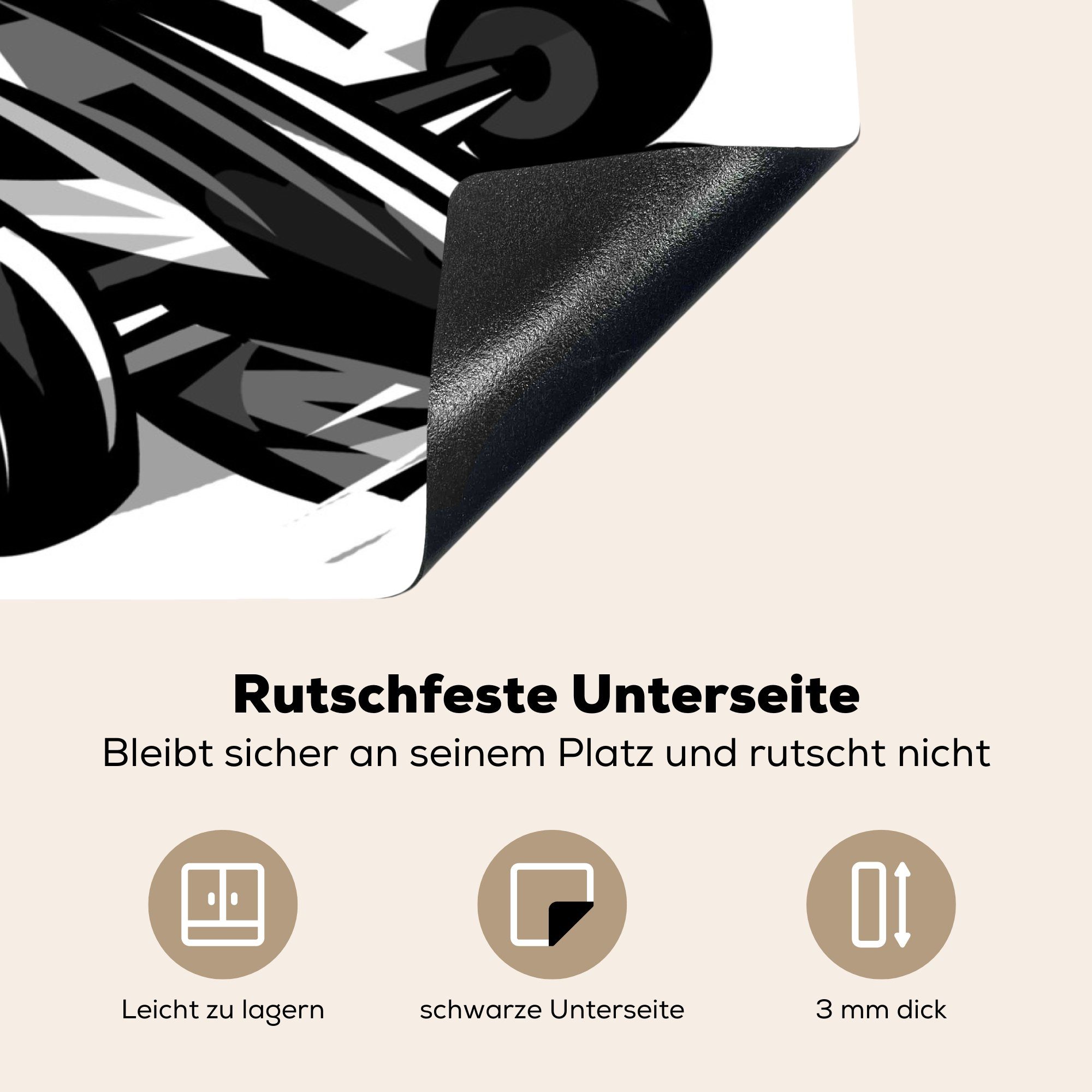 70x52 Formel aus Mobile MuchoWow nutzbar, Herdblende-/Abdeckplatte Illustration Arbeitsfläche Ceranfeldabdeckung (1 eines 1, schwarz-weiße Eine Autos cm, der Vinyl, tlg),