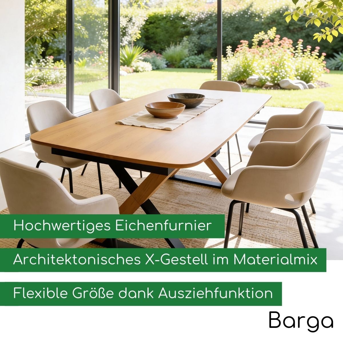 CASA DOMA Esstisch Barga, Ausziehtisch, Ausziehfunktion, Platz für bis zu 12 Personen (Tischplatte in Eichefurnier), Gestell Metall und Eichefurnier, verlängerbar von 200 auf 300 cm