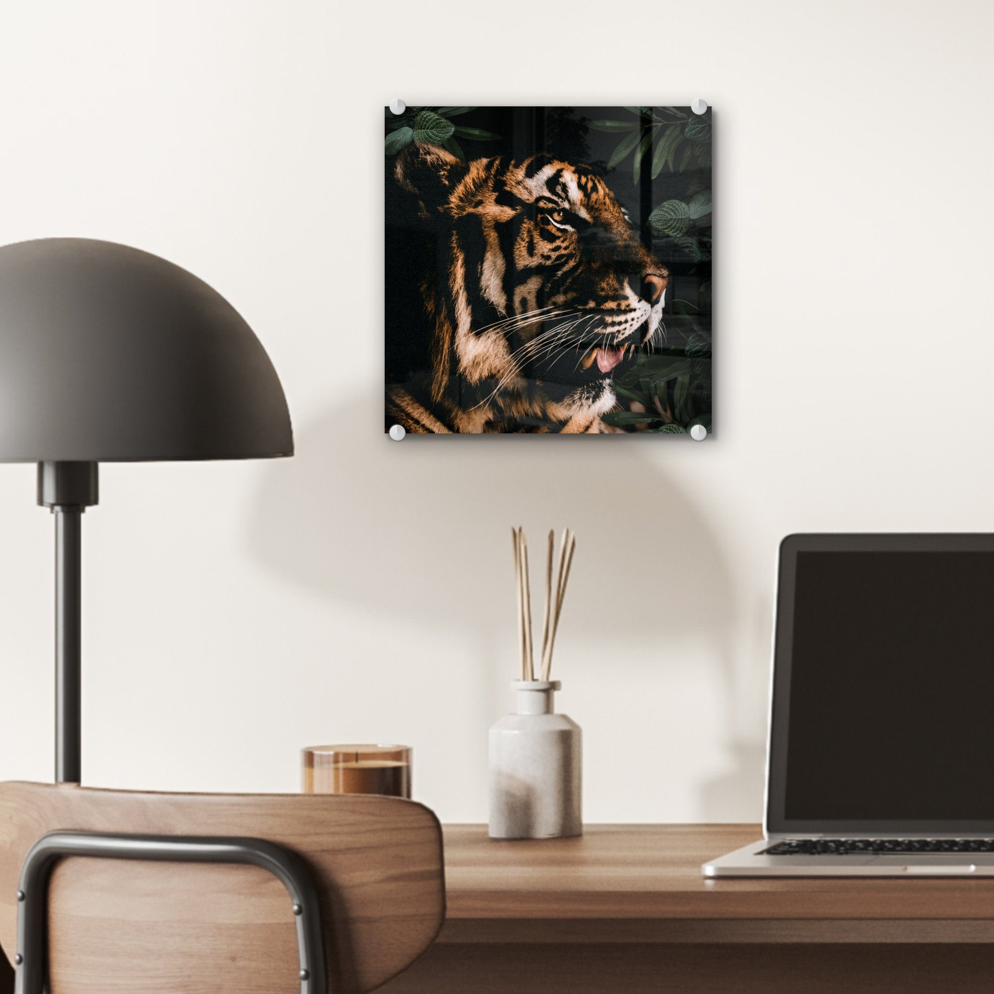 - - MuchoWow - - Glas Blätter Tiger St), Foto Glasbilder Acrylglasbild Tier, auf Glas auf Bilder - Wanddekoration Wandbild (1