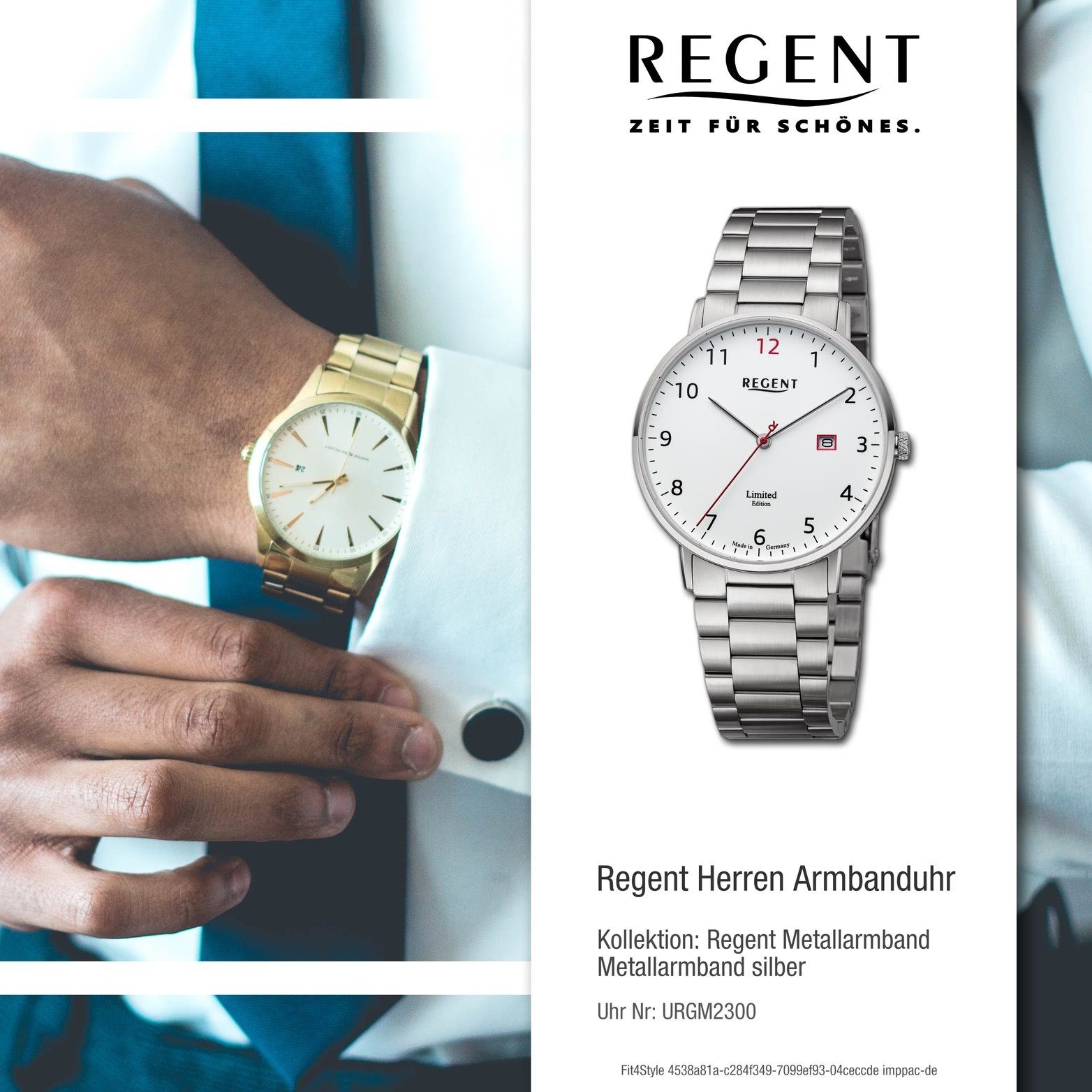Regent Quarzuhr Regent Herrenuhr rundes Metallarmband Gehäuse, Armbanduhr Herren 39mm) groß silber, (ca. extra Analog