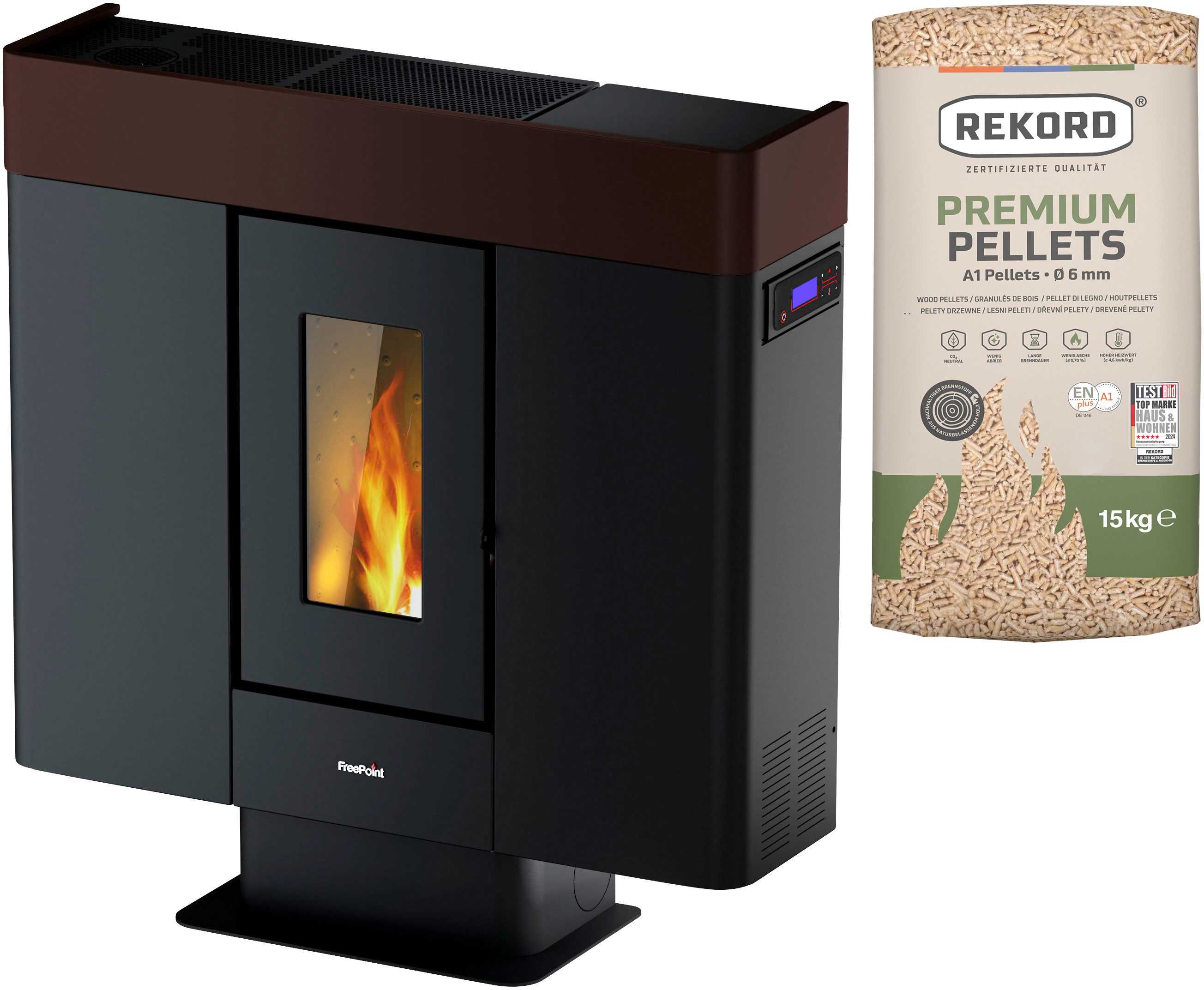 Freepoint Pelletofen Moon airtight, 10 kW, Zeitbrand, kanalisierbare Warmluft, WIFI inklusive, raumluftunabhängig