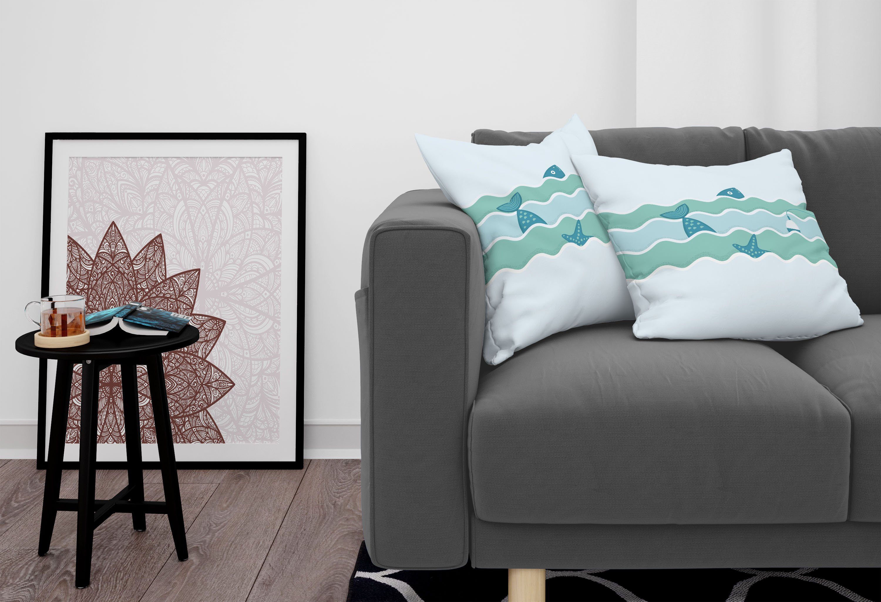 Stück), Modern (2 Teal Ozean-Fischen-Kunst Waves Doppelseitiger Abakuhaus Kissenbezüge Digitaldruck, Accent