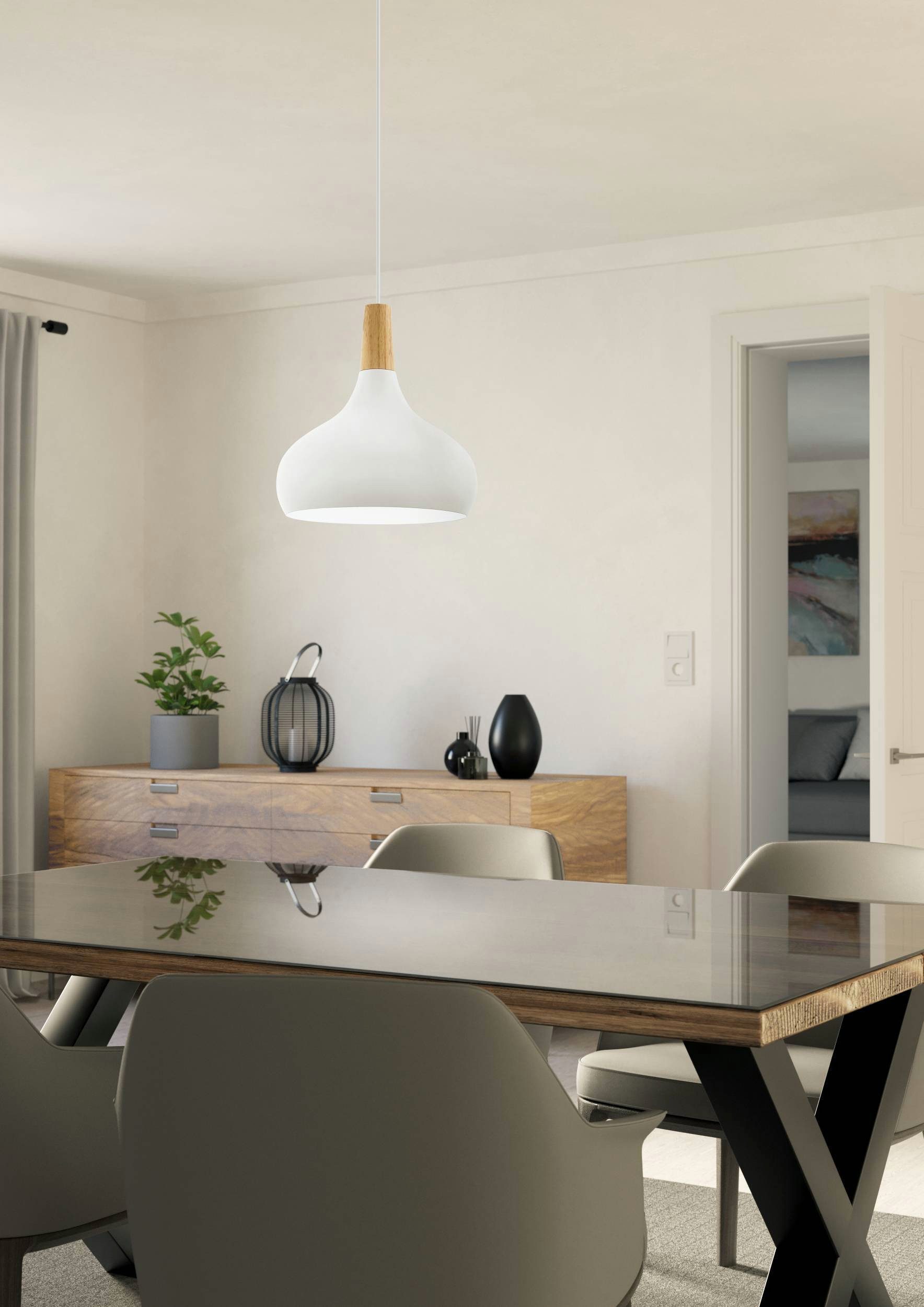 EGLO Hängeleuchte Sabinar Pendellampe, Hängelampe, Stahl und Holz, E27, Esszimmerlampe, ohne Leuchtmittel, Hängeleuchte - H110 x Ø28 cm - weiß - 1X40W exkl.