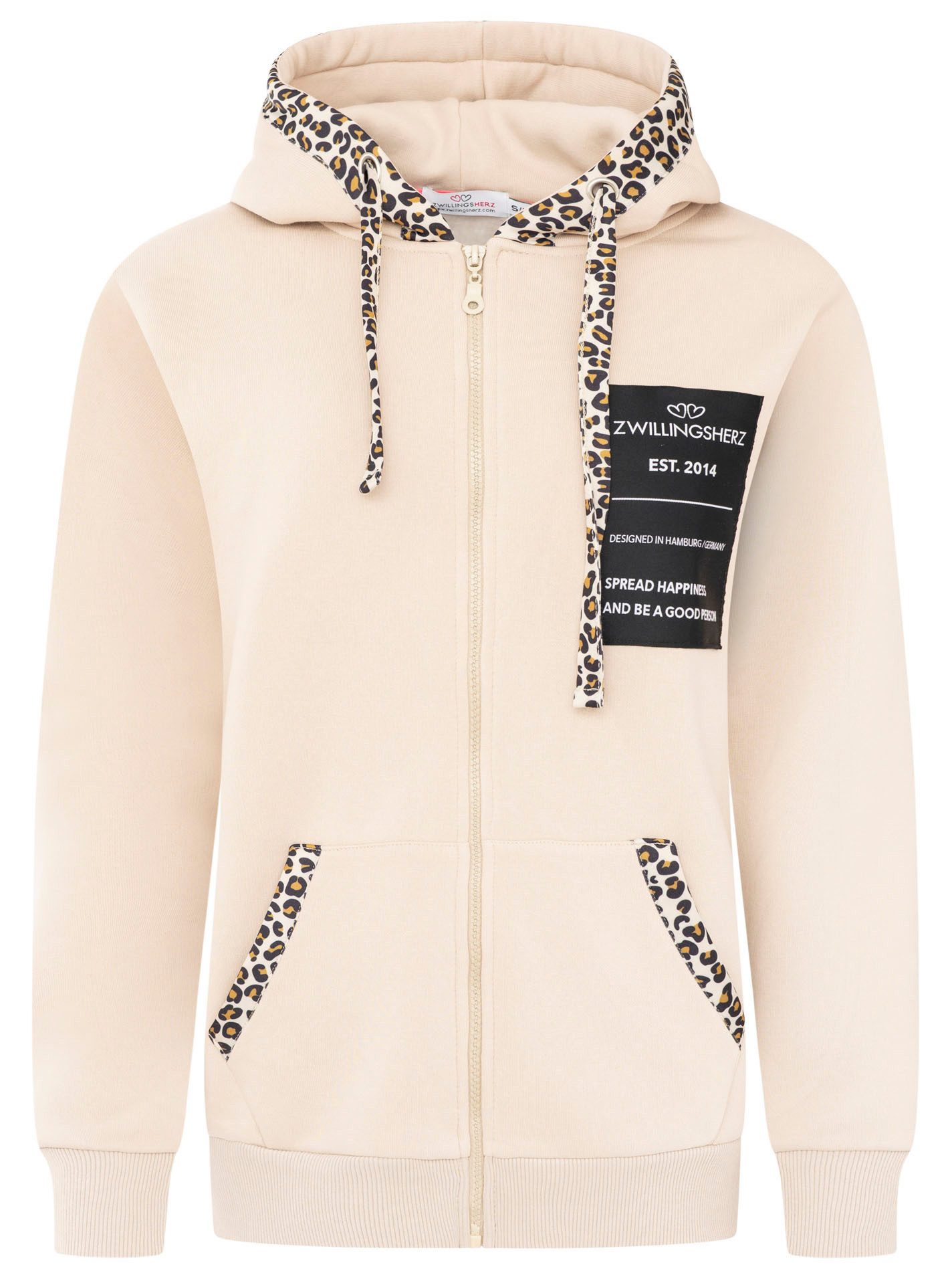 Zwillingsherz Kapuzensweatjacke "Zwillingsherz Leo" Leomuster Details, durchgehender Reißverschluss, Kapuze, Taschen