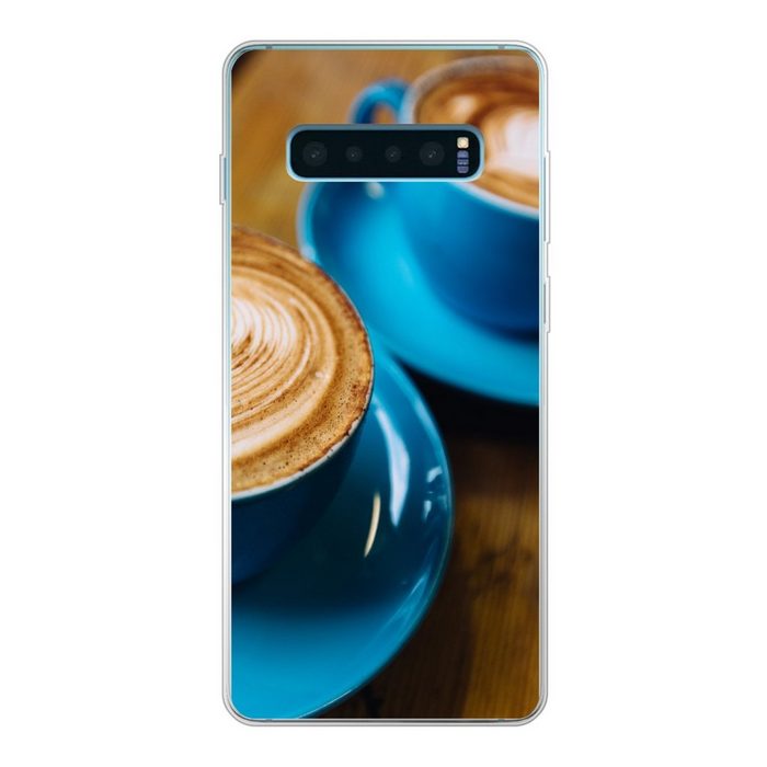MuchoWow Handyhülle Zwei blaue Kaffeetassen auf einem Holztisch Phone Case Handyhülle Samsung Galaxy S10+ Silikon Schutzhülle