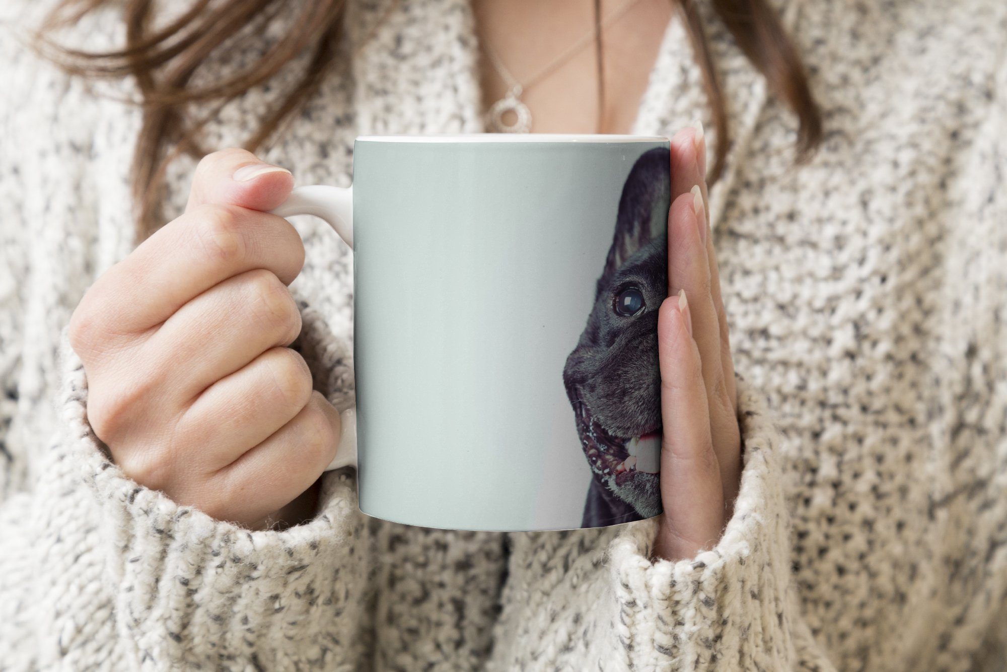 Bulldogge - Kaffeetassen, Stuhl, Tasse Französische Teetasse, Becher, - Schwarz Keramik, Geschenk Teetasse, MuchoWow