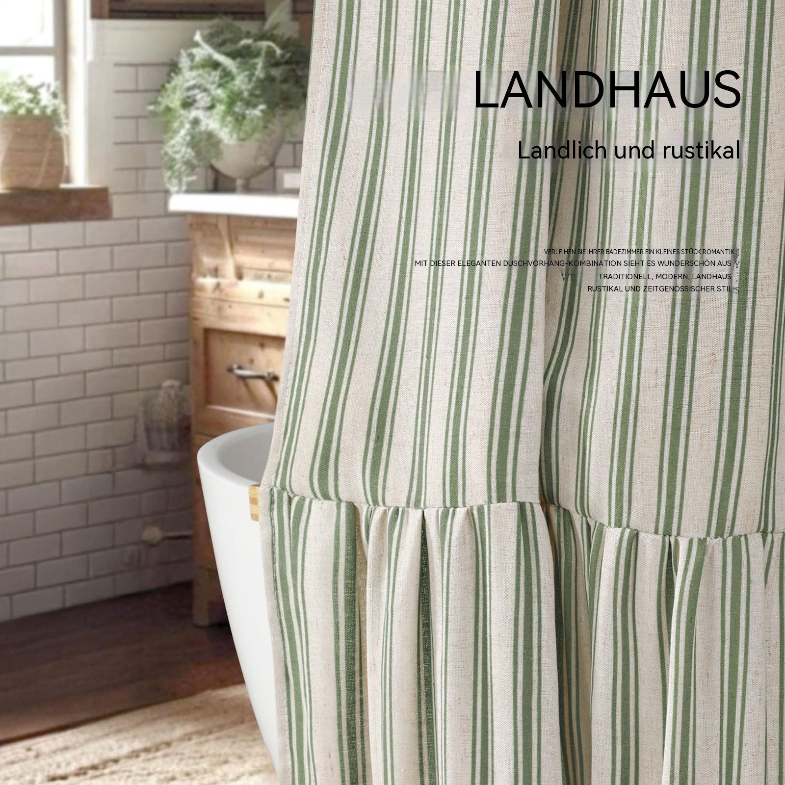 Zyronn Duschvorhang andhaus-Duschvorhang aus Leinen mit Rüschen, für Badezimmer,72x72 Zoll, Duschvorhang Leinen Boho Landhaus mit Rüschen, gestreift – Bild 3 von 5