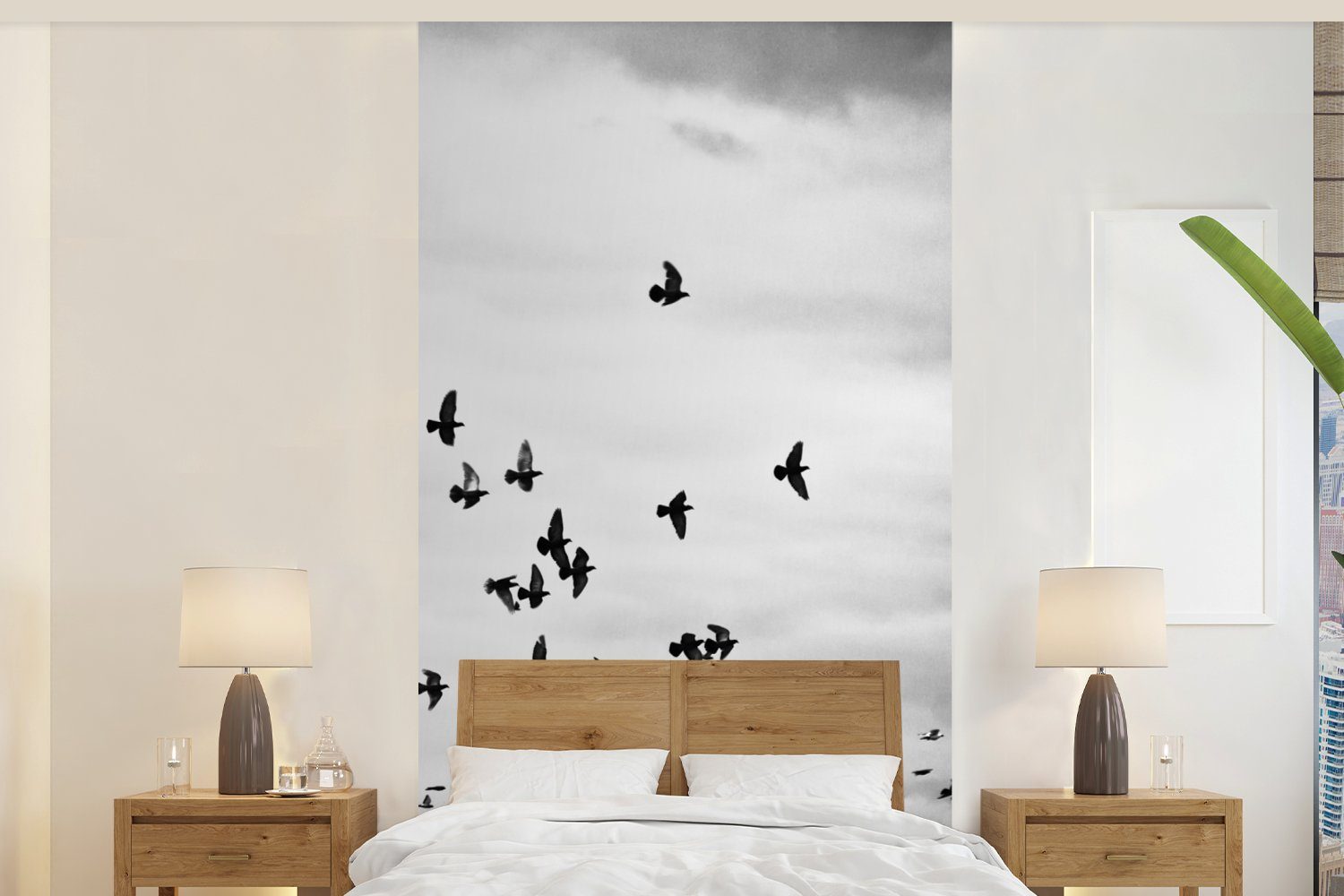 MuchoWow Fototapete Tiere - Vögel - Wolken - Schwarz - Weiß, Matt, bedruckt, (2 St), Vliestapete für Wohnzimmer Schlafzimmer Küche, Fototapete